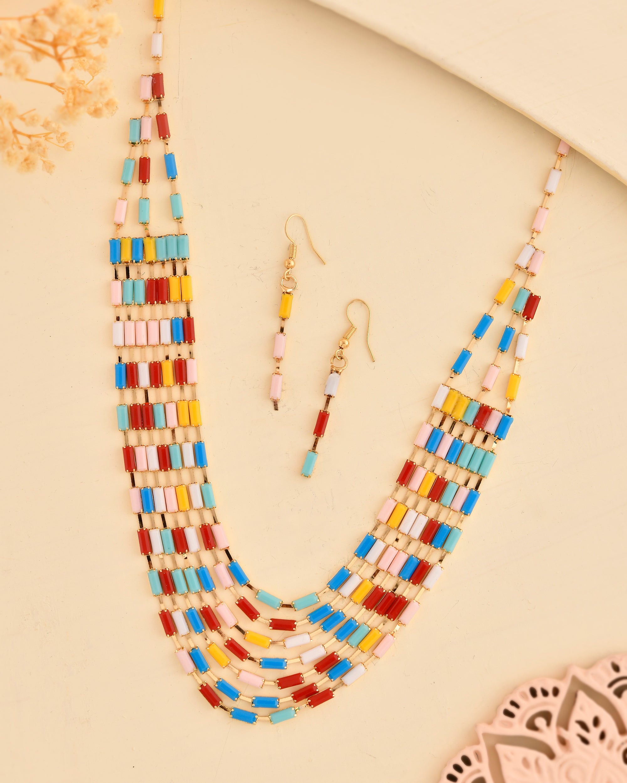 VOJ Multi Coloured Long Necklace With Earrings Set - Distacart