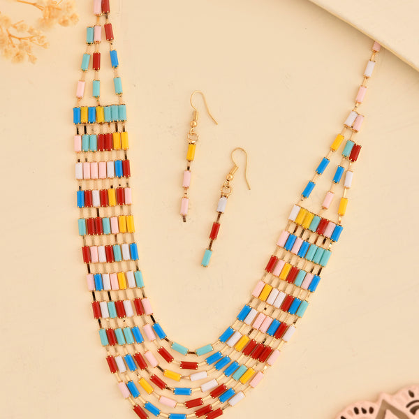 VOJ Multi Coloured Long Necklace With Earrings Set - Distacart