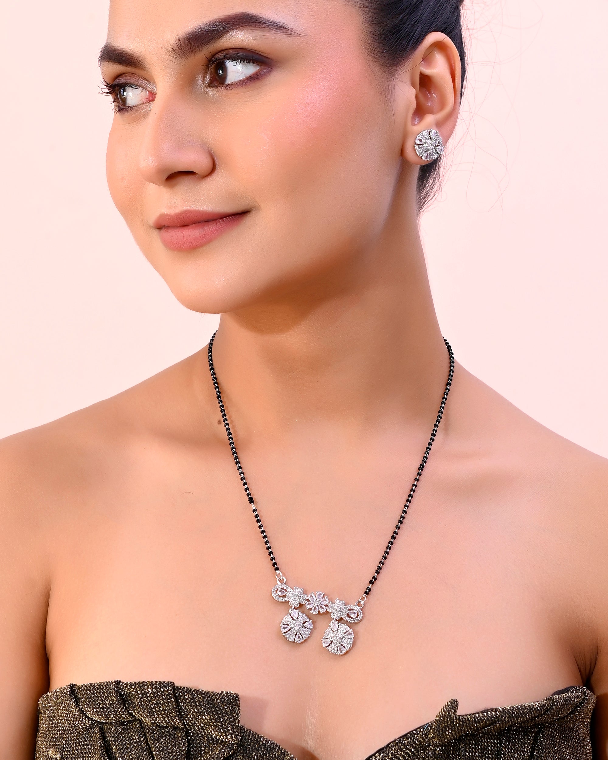VOJ Silver-Plated Black Beaded & AD Studded Chain Mangalsutra Set - Distacart