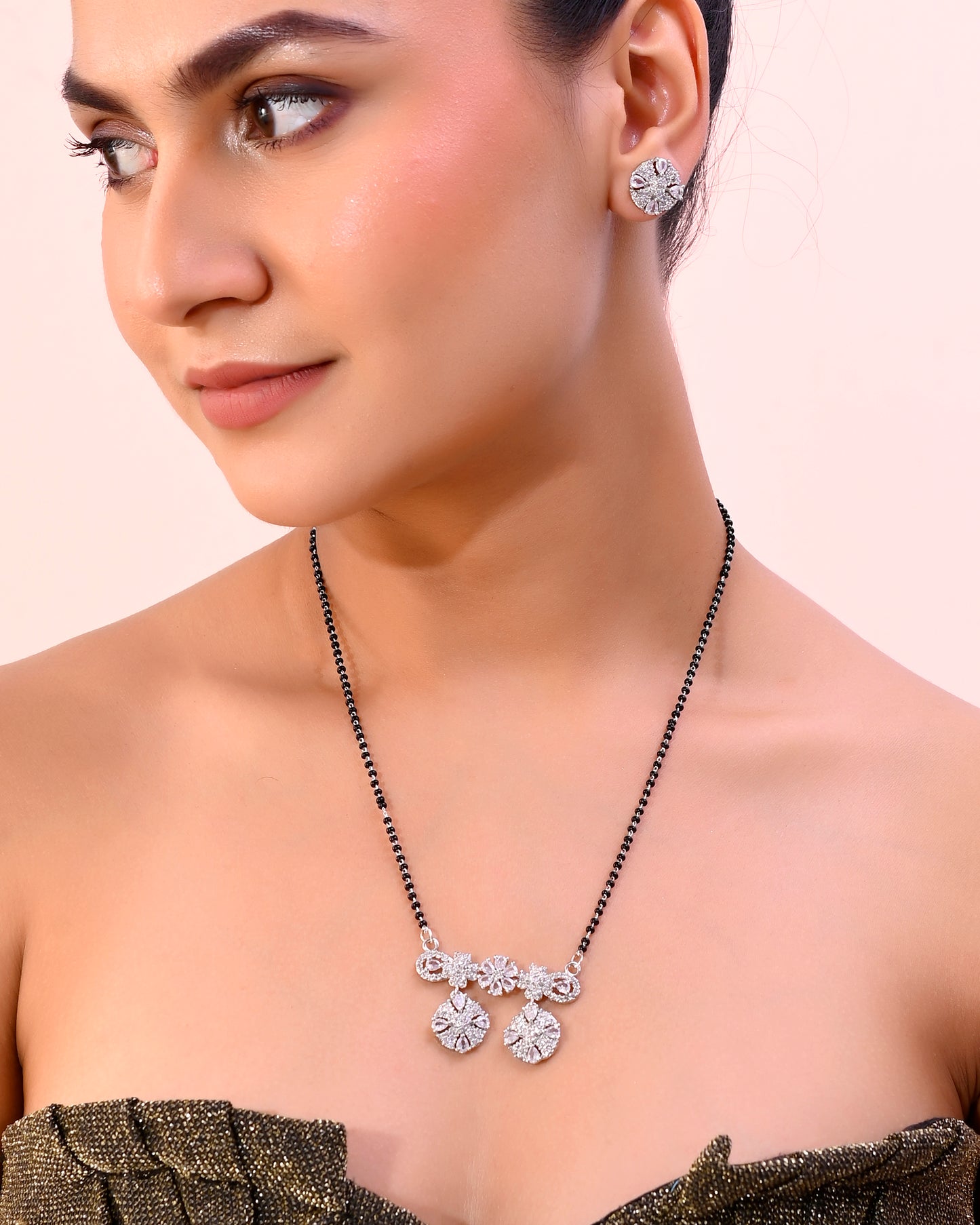 VOJ Silver-Plated Black Beaded & AD Studded Chain Mangalsutra Set - Distacart