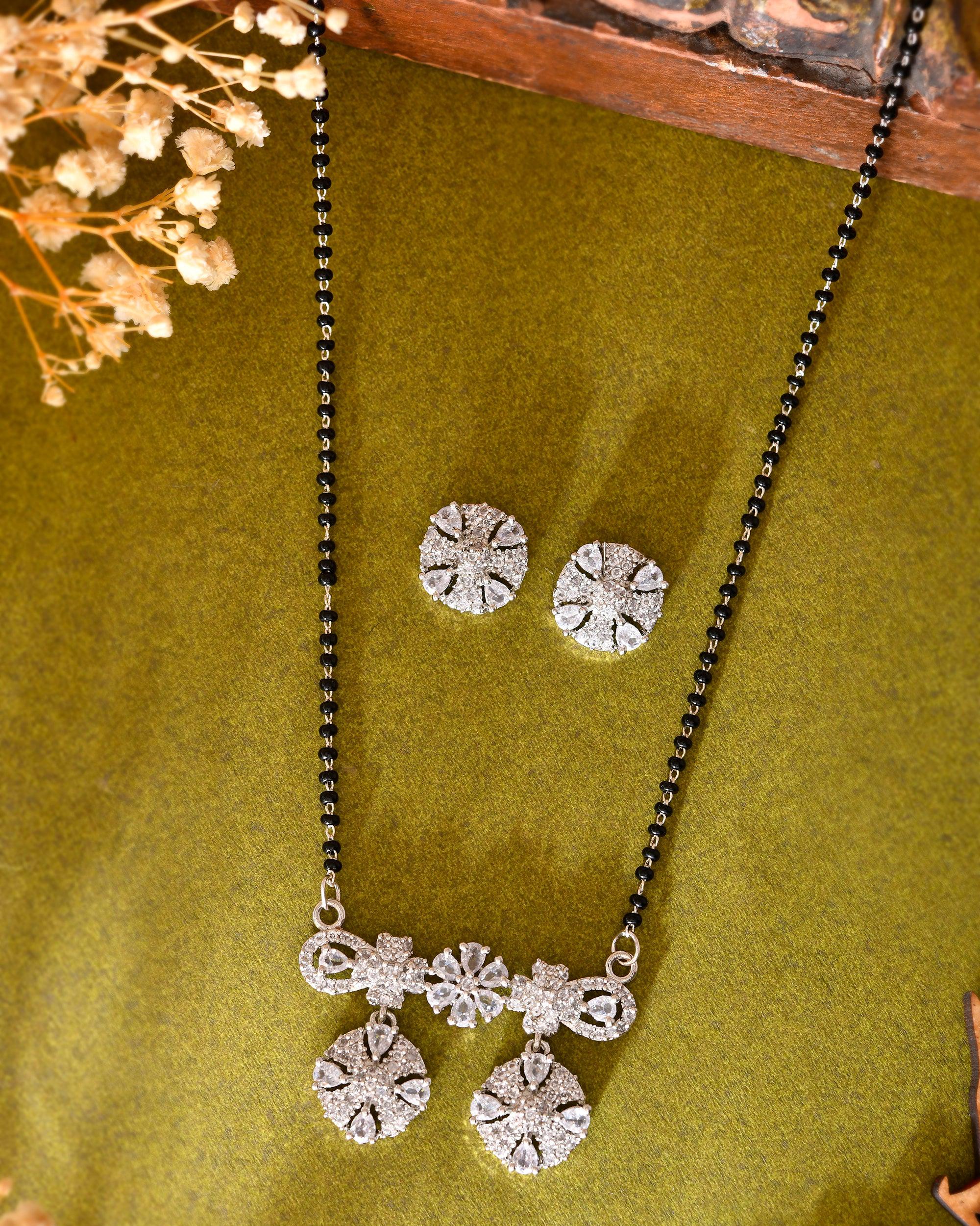 VOJ Silver-Plated Black Beaded & AD Studded Chain Mangalsutra Set - Distacart