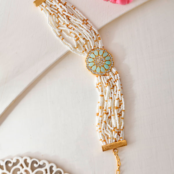 VOJ Gold-Polished Green Flower Studded And Beaded Mutli Layer Bracelet - Distacart