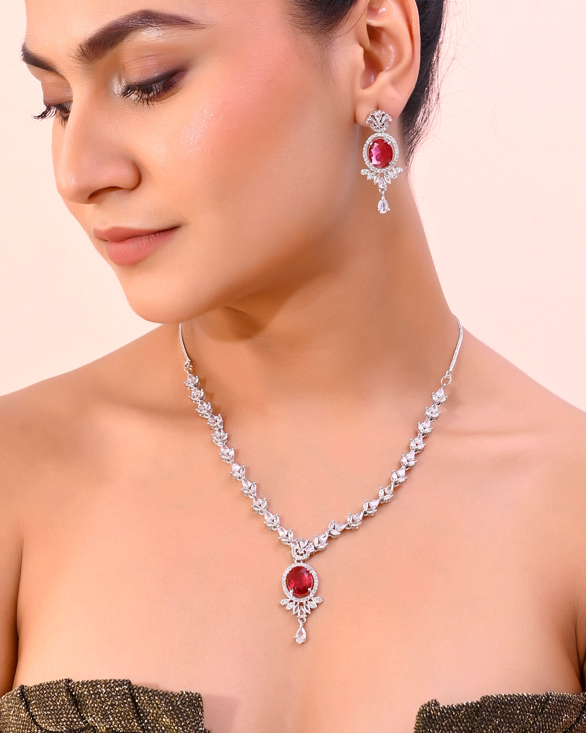 VOJ Silver-Plated White And Maroon Colour AD-Studded Jewellery Set - Distacart