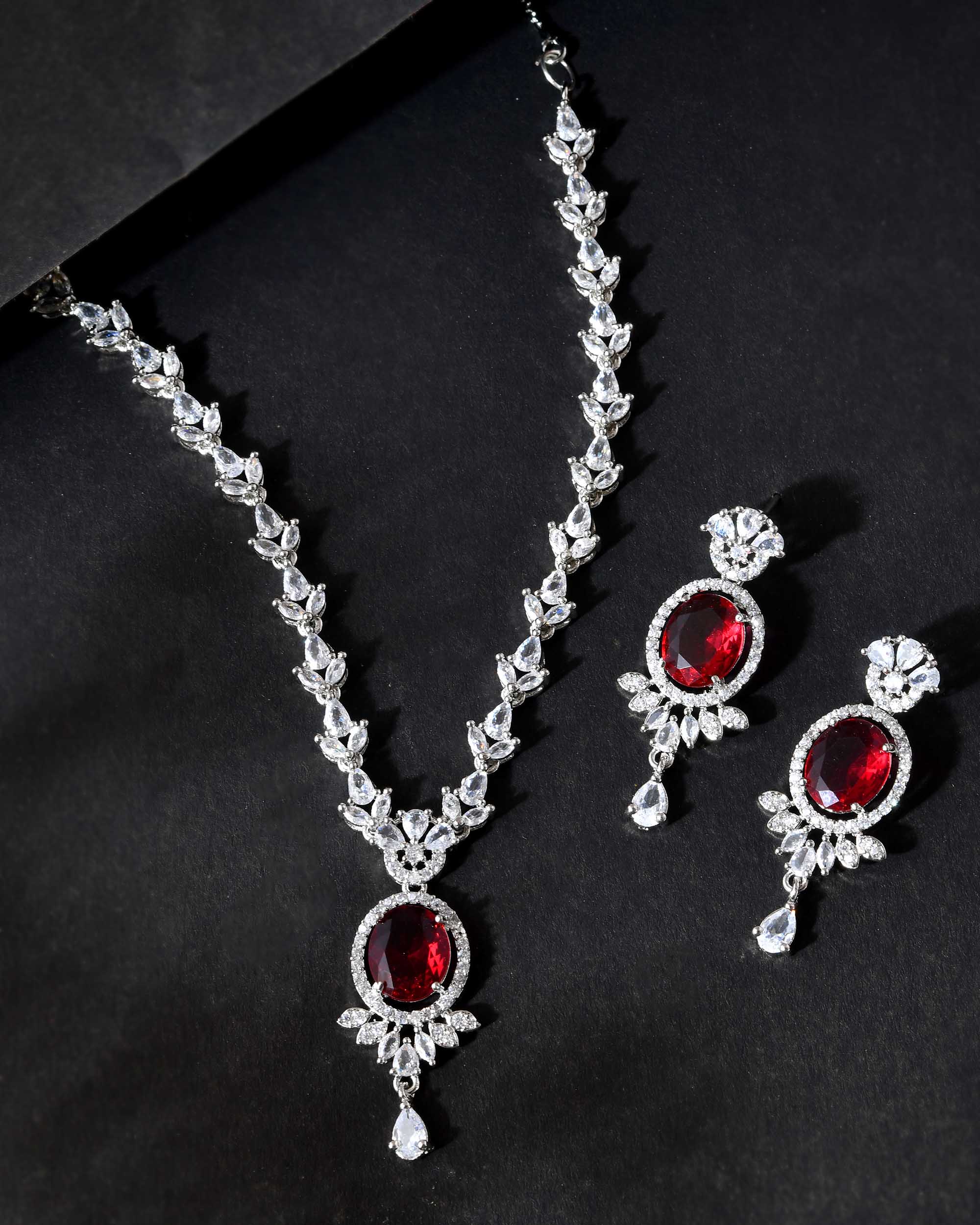 VOJ Silver-Plated White And Maroon Colour AD-Studded Jewellery Set - Distacart