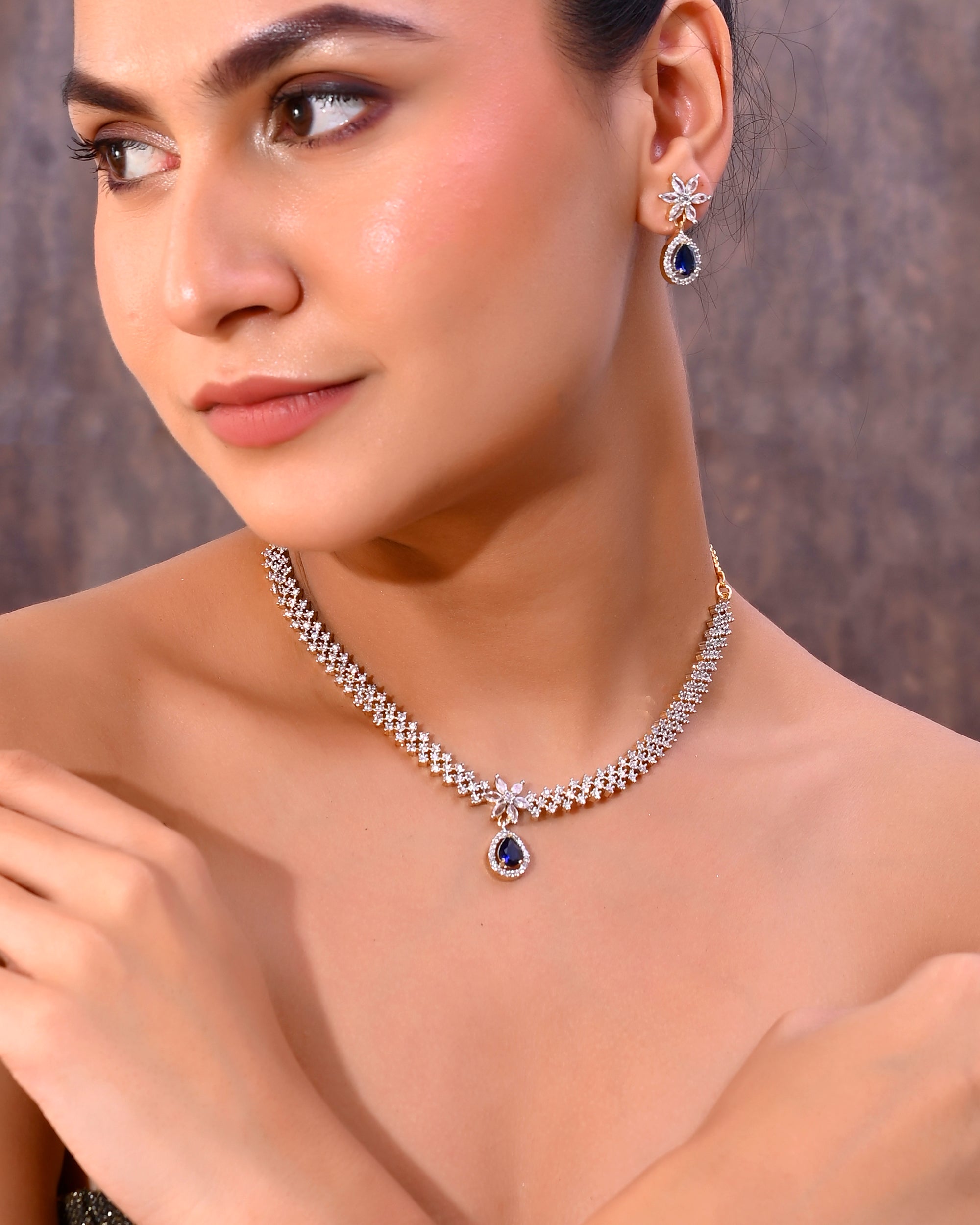 VOJ Gold-Polished White And Blue Colour AD-Studded Jewellery Set - Distacart