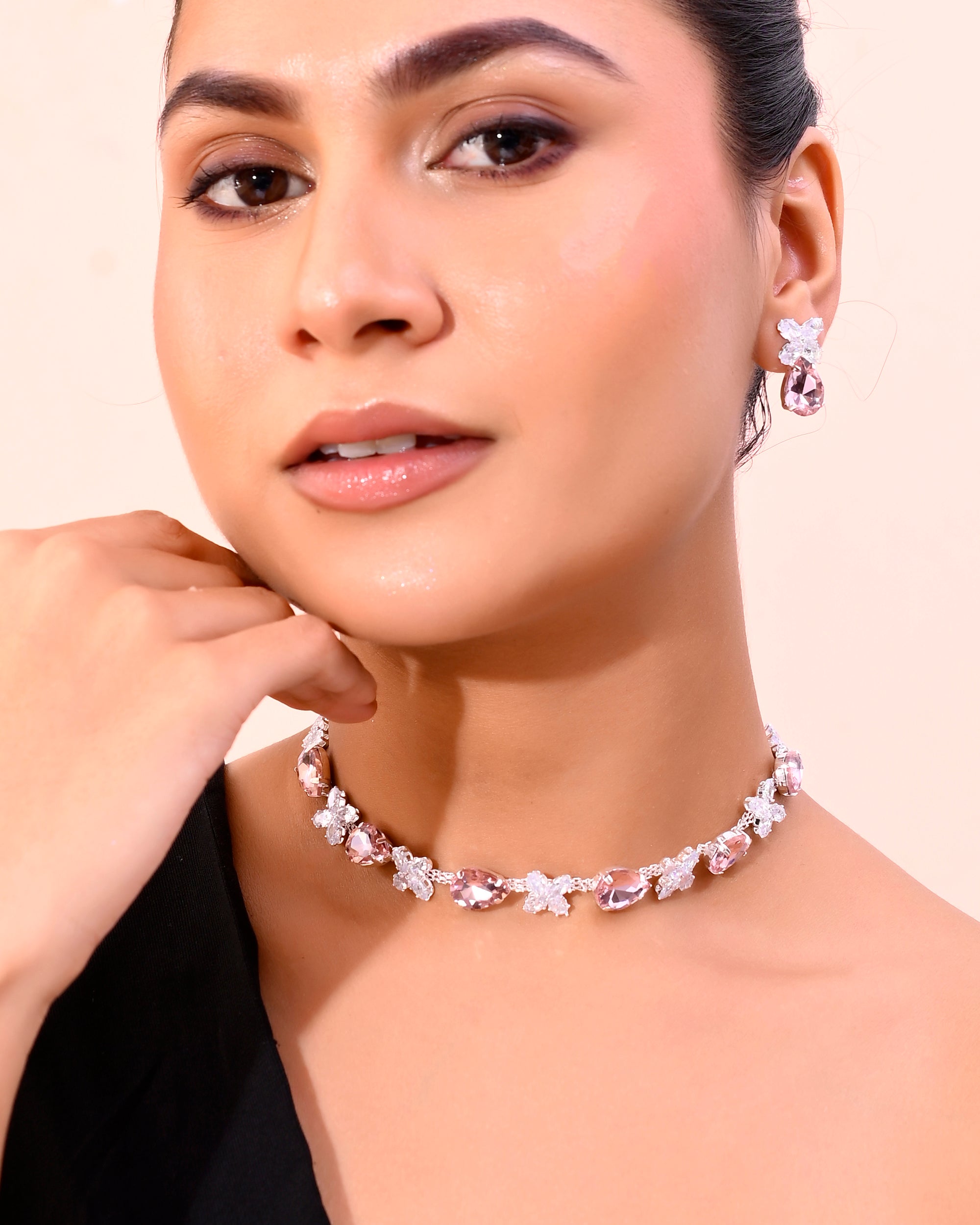 VOJ Silver Plated Pink And White Stone Studded Necklace with Earrings Set - Distacart