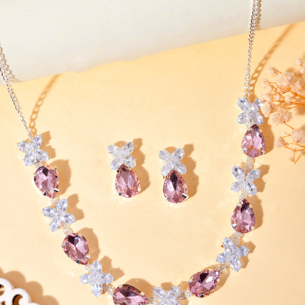 VOJ Silver Plated Pink And White Stone Studded Necklace with Earrings Set - Distacart
