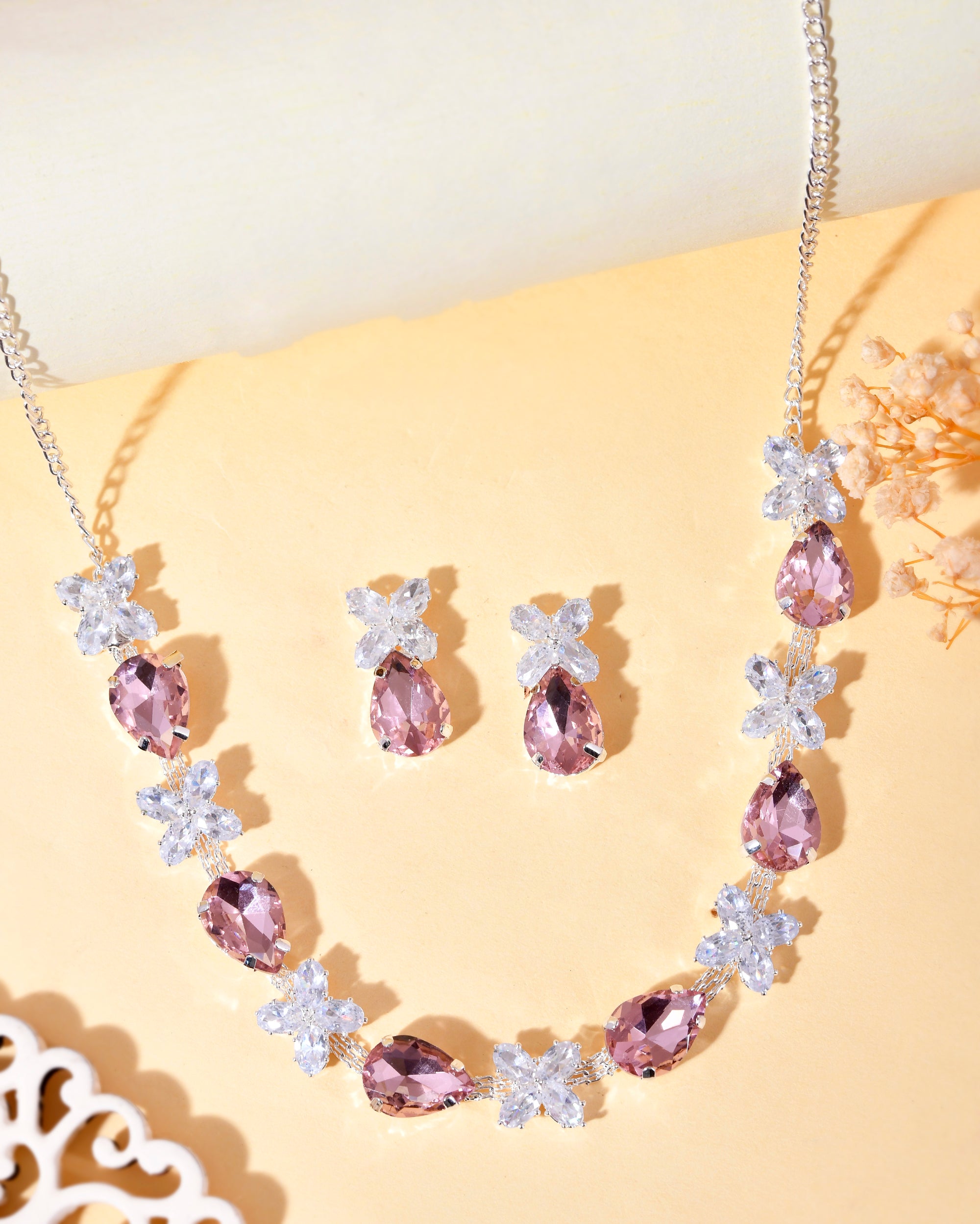 VOJ Silver Plated Pink And White Stone Studded Necklace with Earrings Set - Distacart