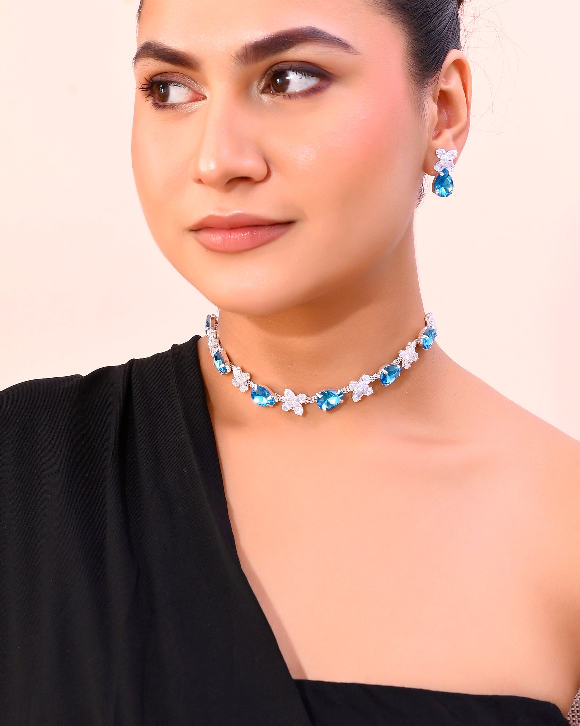 VOJ Silver Plated Blue And White Stone Studded Necklace with Earrings Set - Distacart