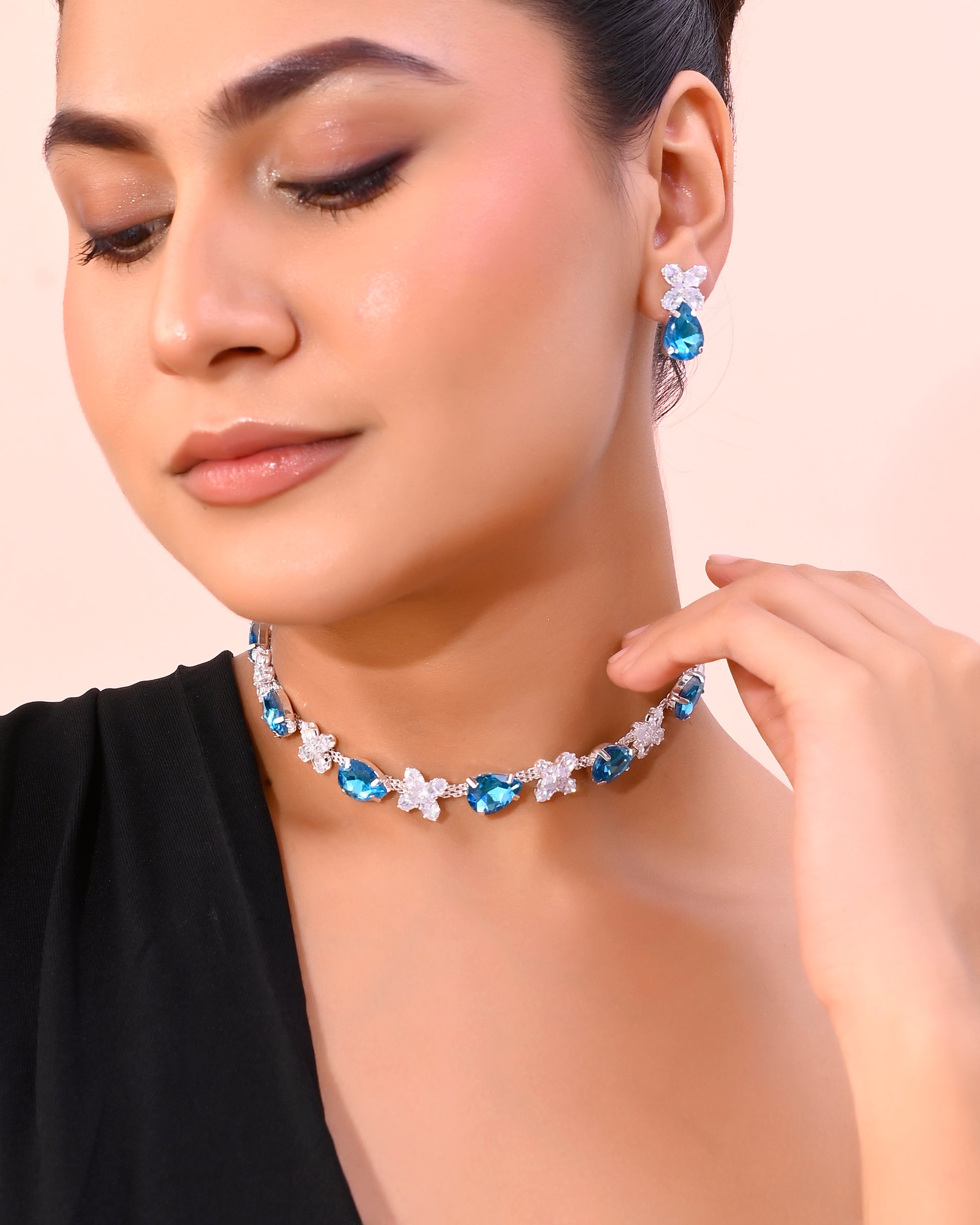 VOJ Silver Plated Blue And White Stone Studded Necklace with Earrings Set - Distacart