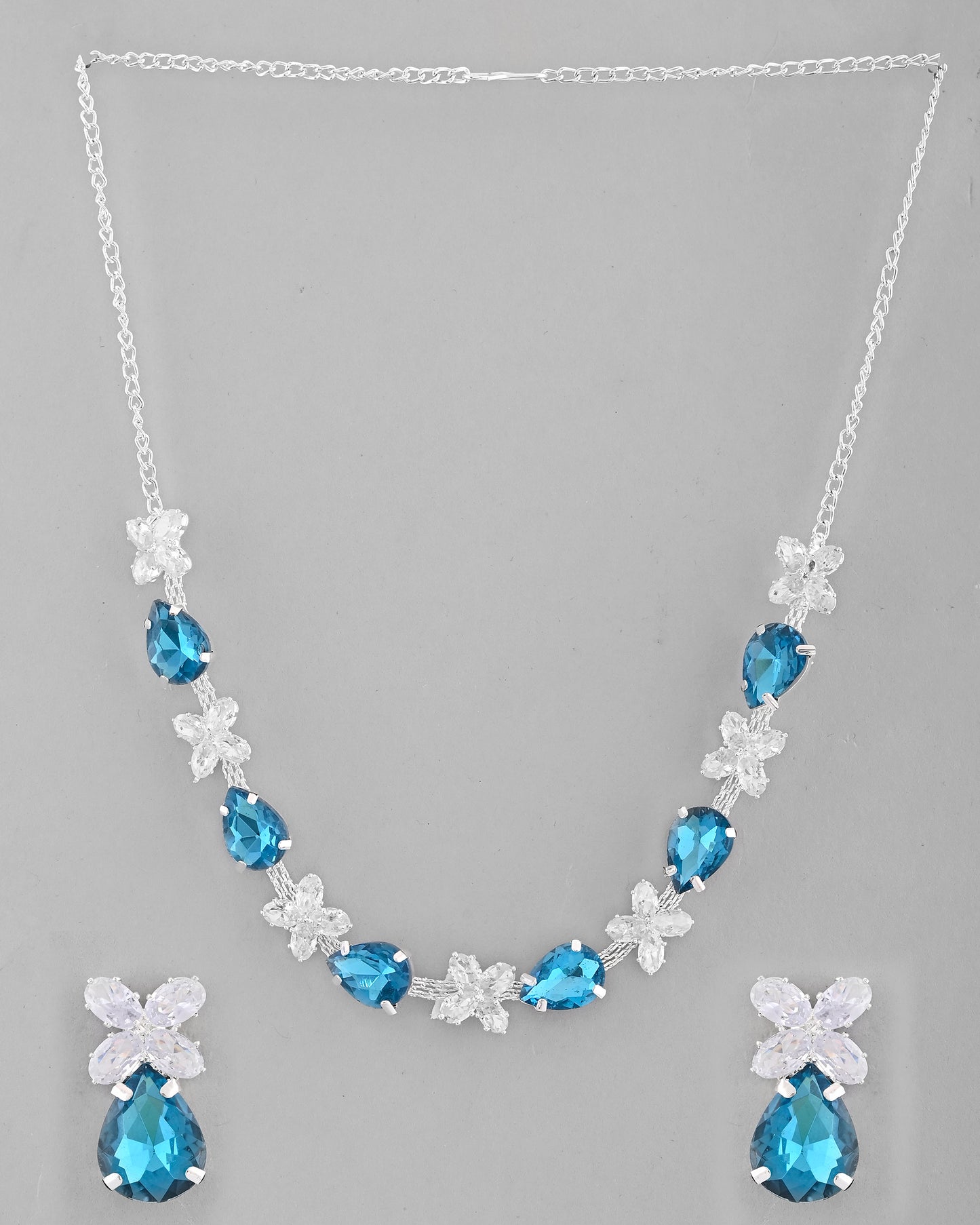 VOJ Silver Plated Blue And White Stone Studded Necklace with Earrings Set - Distacart