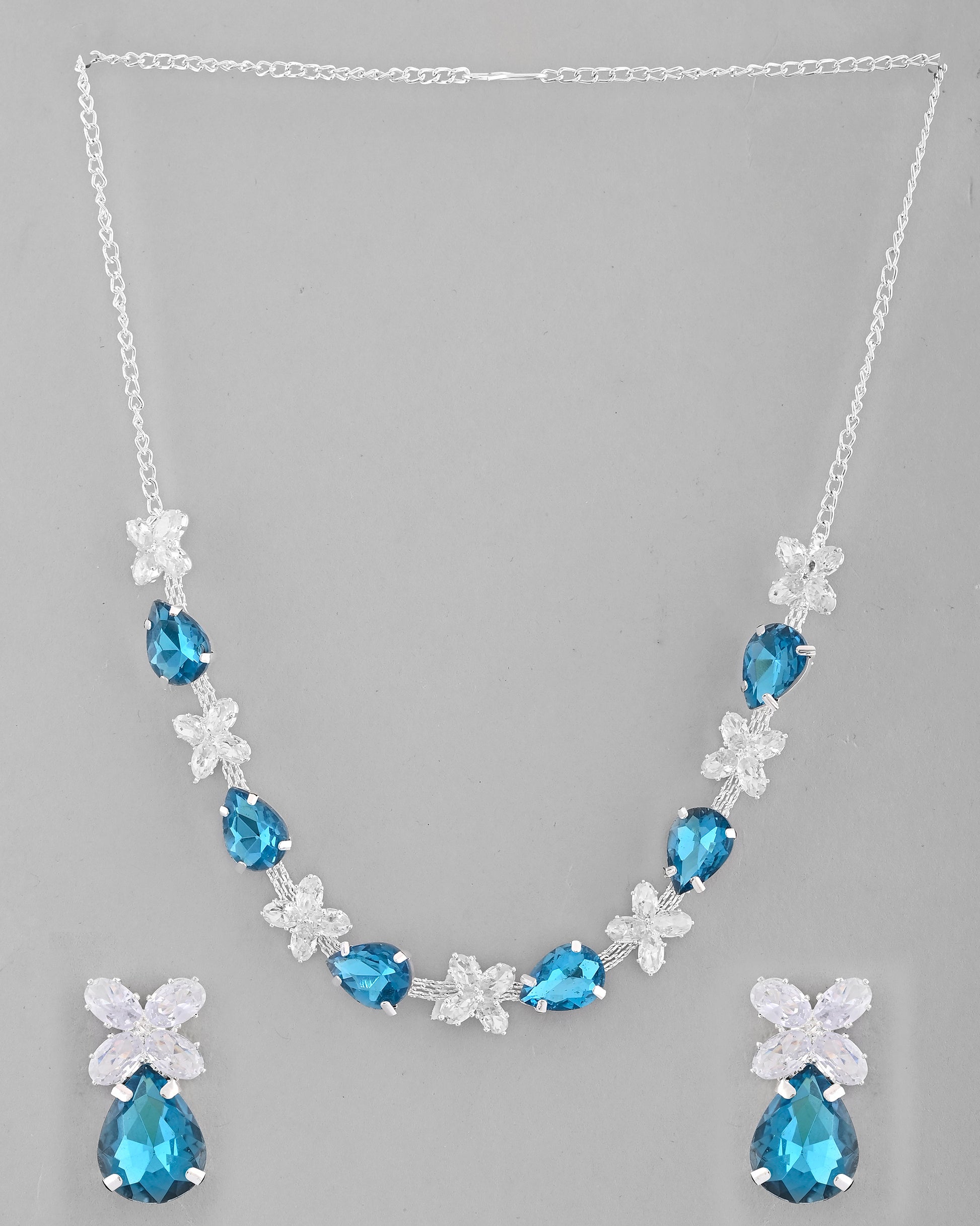 VOJ Silver Plated Blue And White Stone Studded Necklace with Earrings Set - Distacart