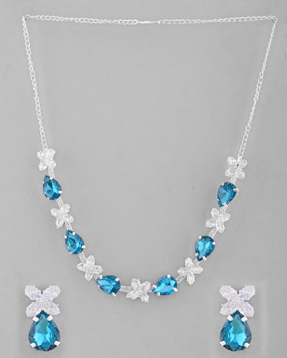 VOJ Silver Plated Blue And White Stone Studded Necklace with Earrings Set - Distacart