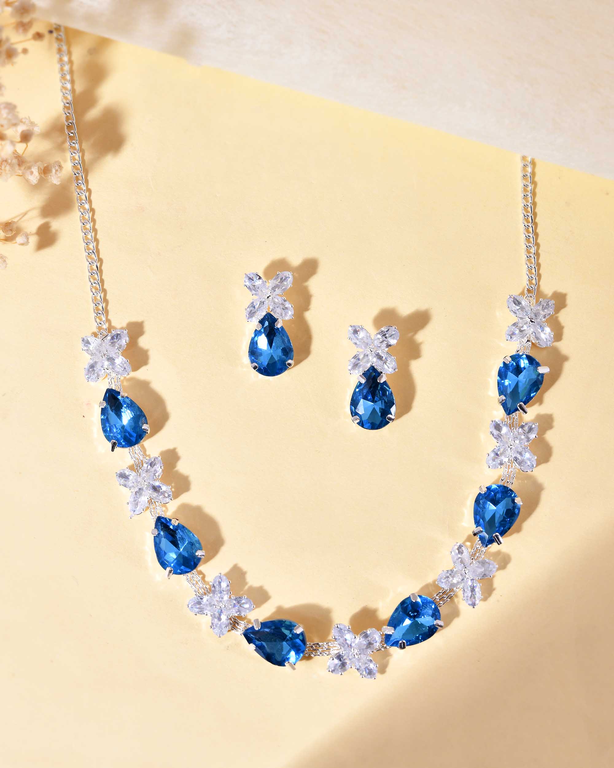 VOJ Silver Plated Blue And White Stone Studded Necklace with Earrings Set - Distacart