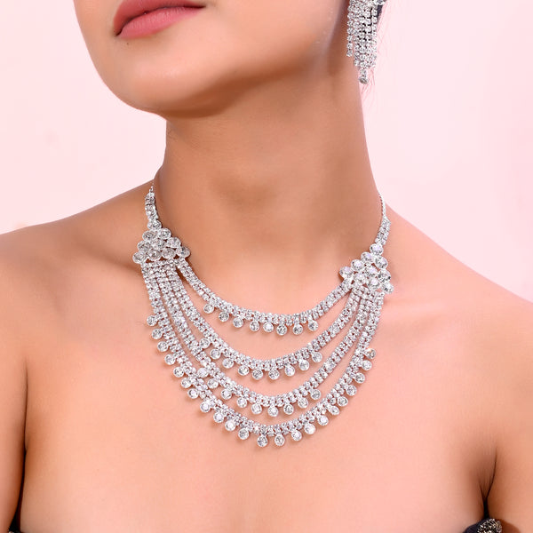 VOJ Silver Plated Stone Studded Multi Layer Jewellery Set - Distacart