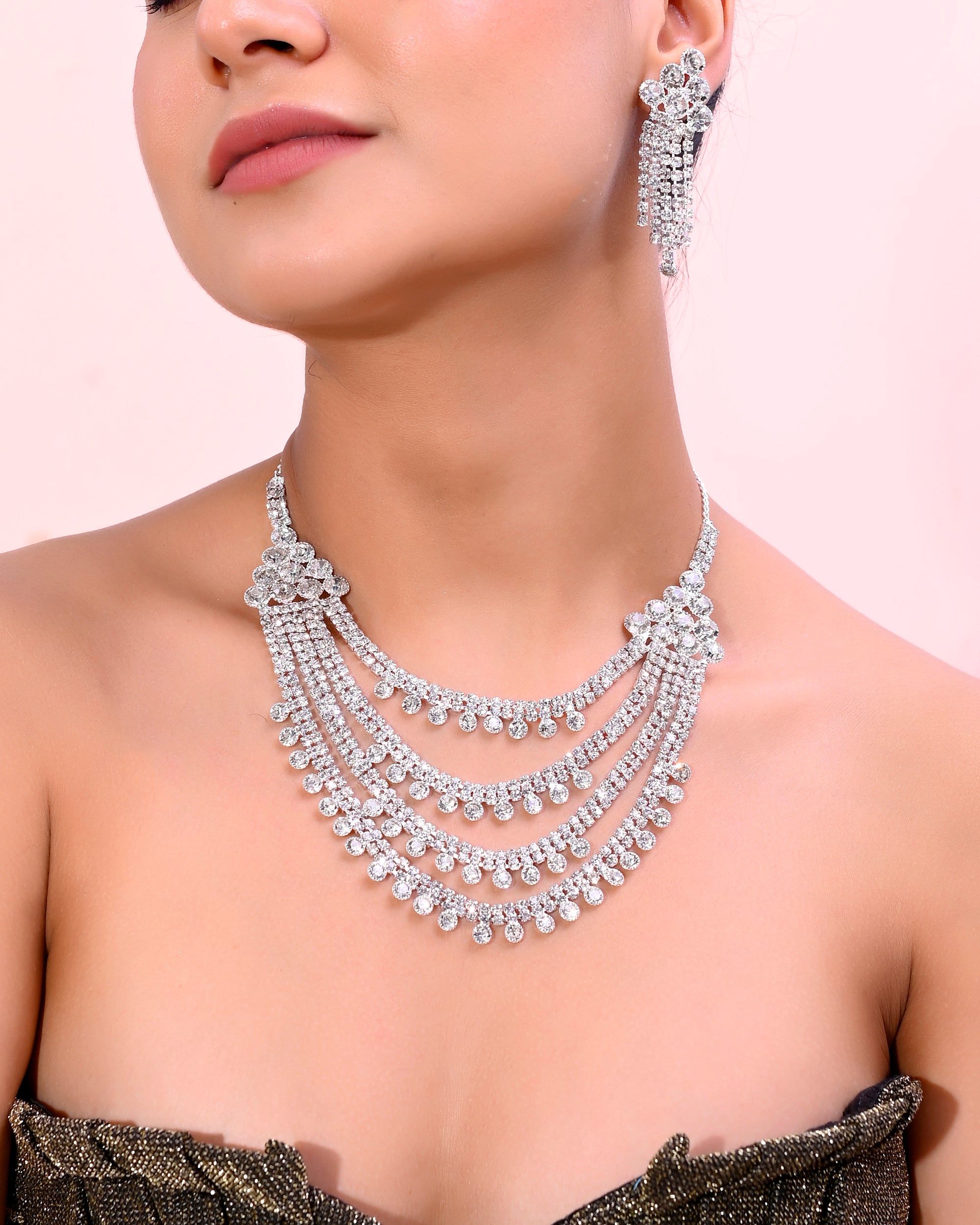 VOJ Silver Plated Stone Studded Multi Layer Jewellery Set - Distacart