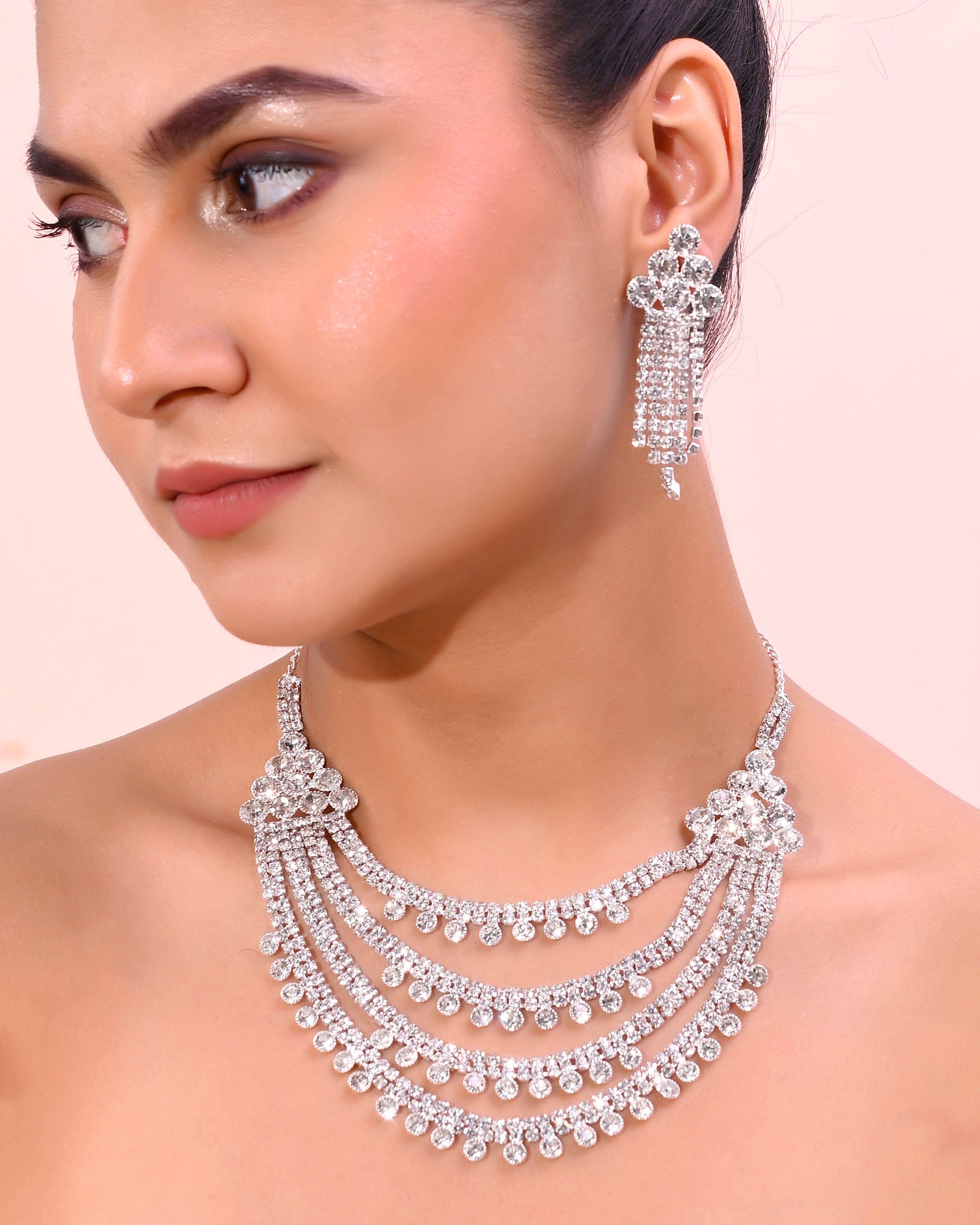 VOJ Silver Plated Stone Studded Multi Layer Jewellery Set - Distacart