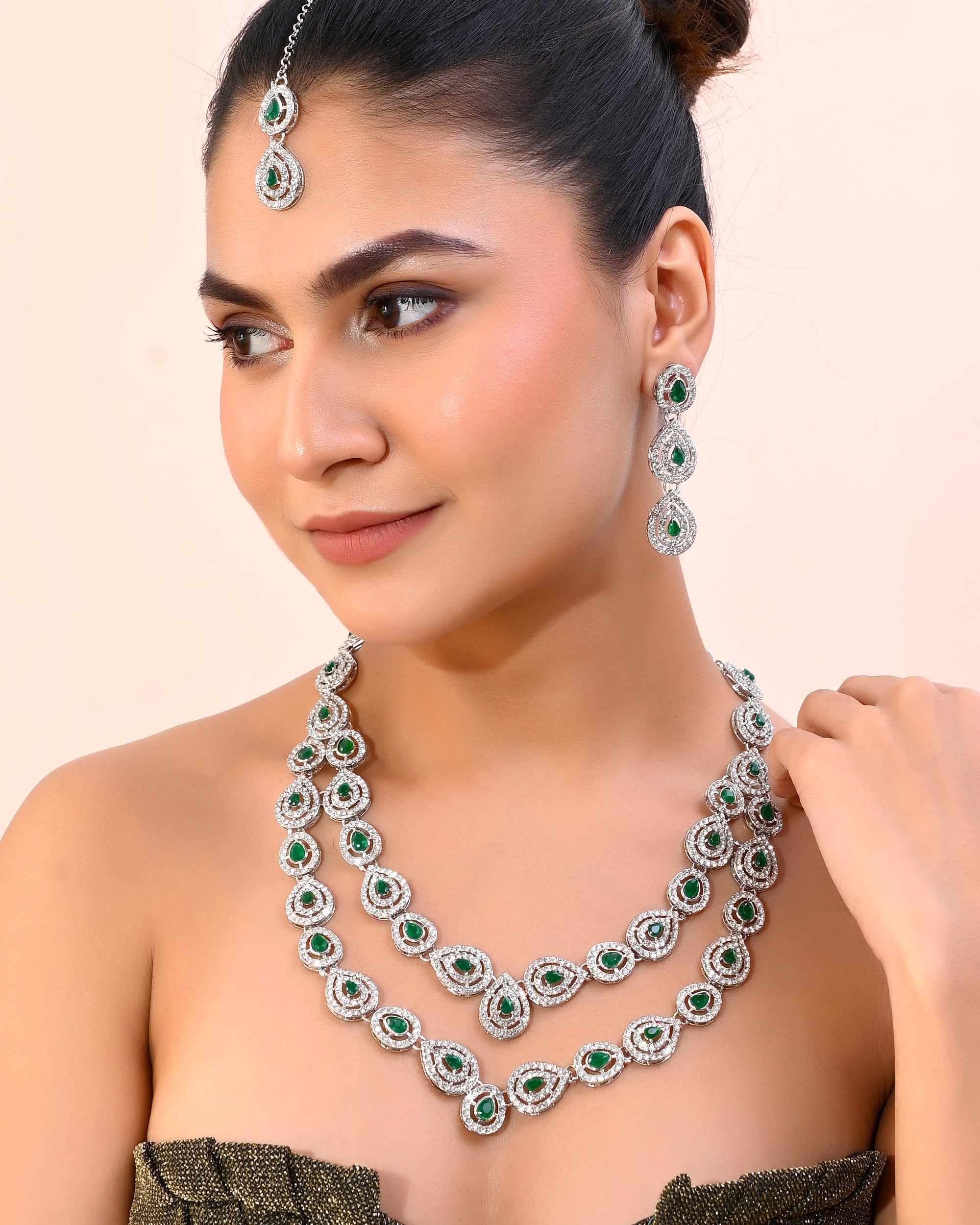 VOJ AD Studded with White and Green Stone Layered Jewellery Set - Distacart