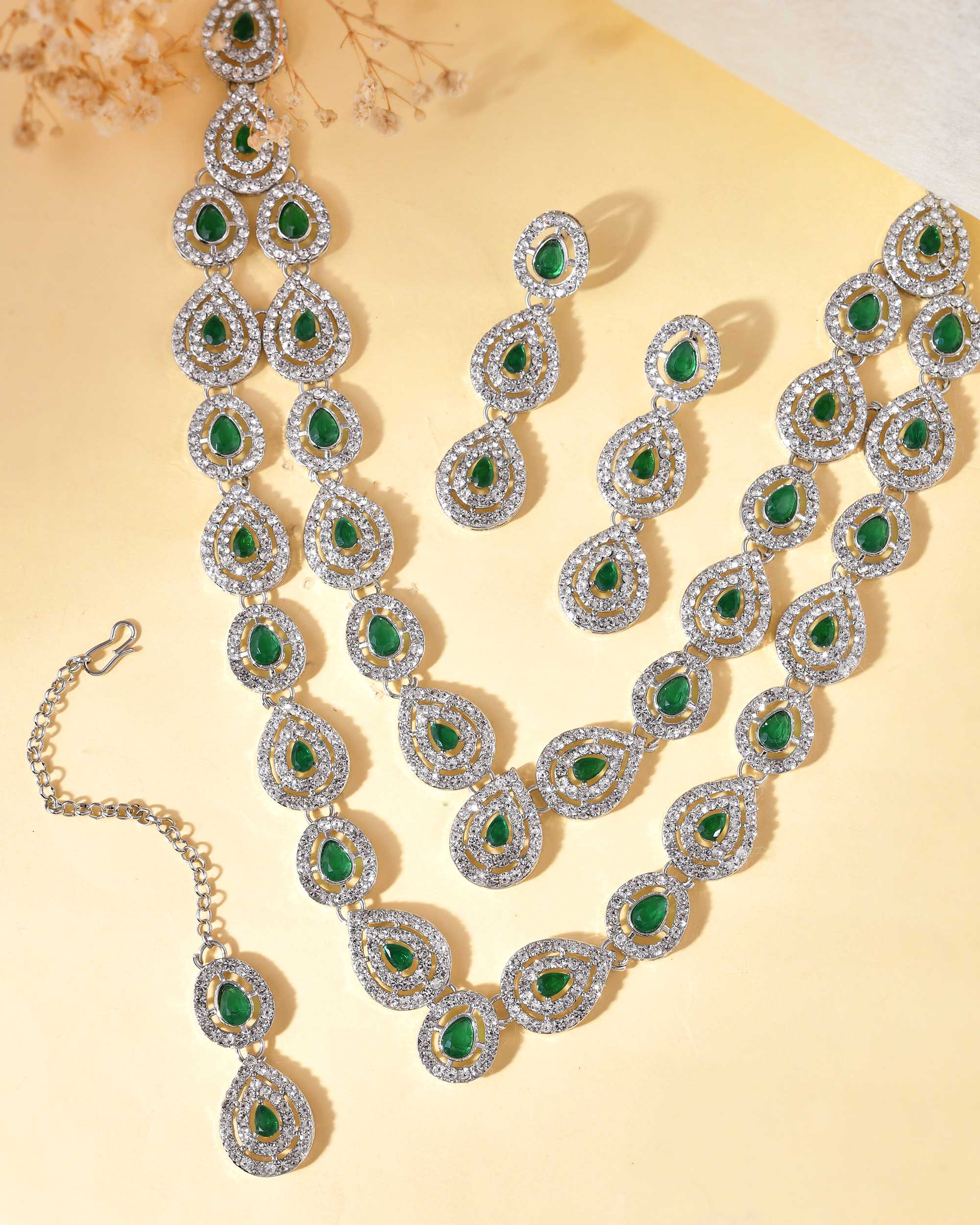 VOJ AD Studded with White and Green Stone Layered Jewellery Set - Distacart
