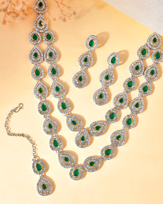 VOJ AD Studded with White and Green Stone Layered Jewellery Set - Distacart