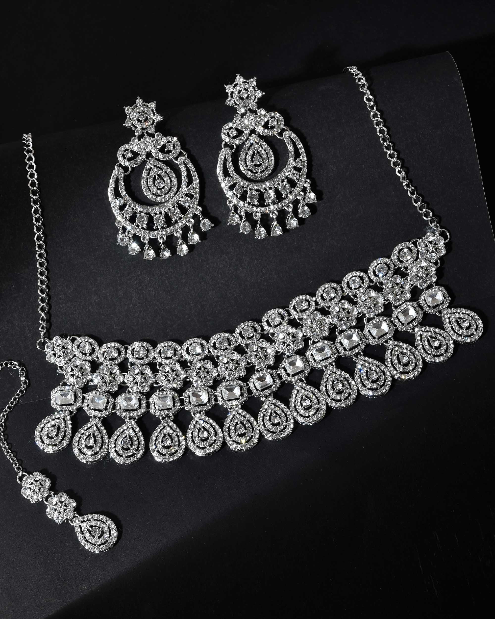 VOJ Silver Plated AD Studded Necklace With Earrings And Mangtikka Set - Distacart