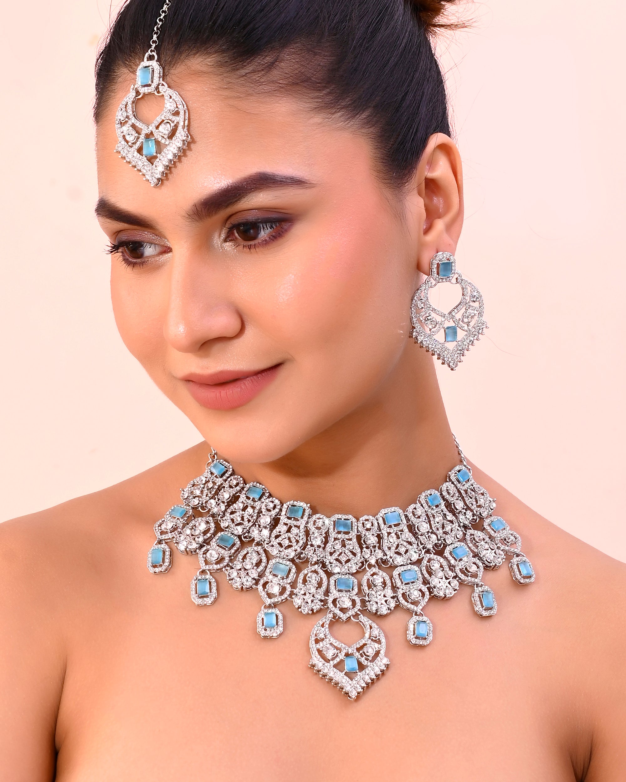 VOJ Silver Plated Designer AD Studded Necklace With Earrings And Mangtikka - Distacart