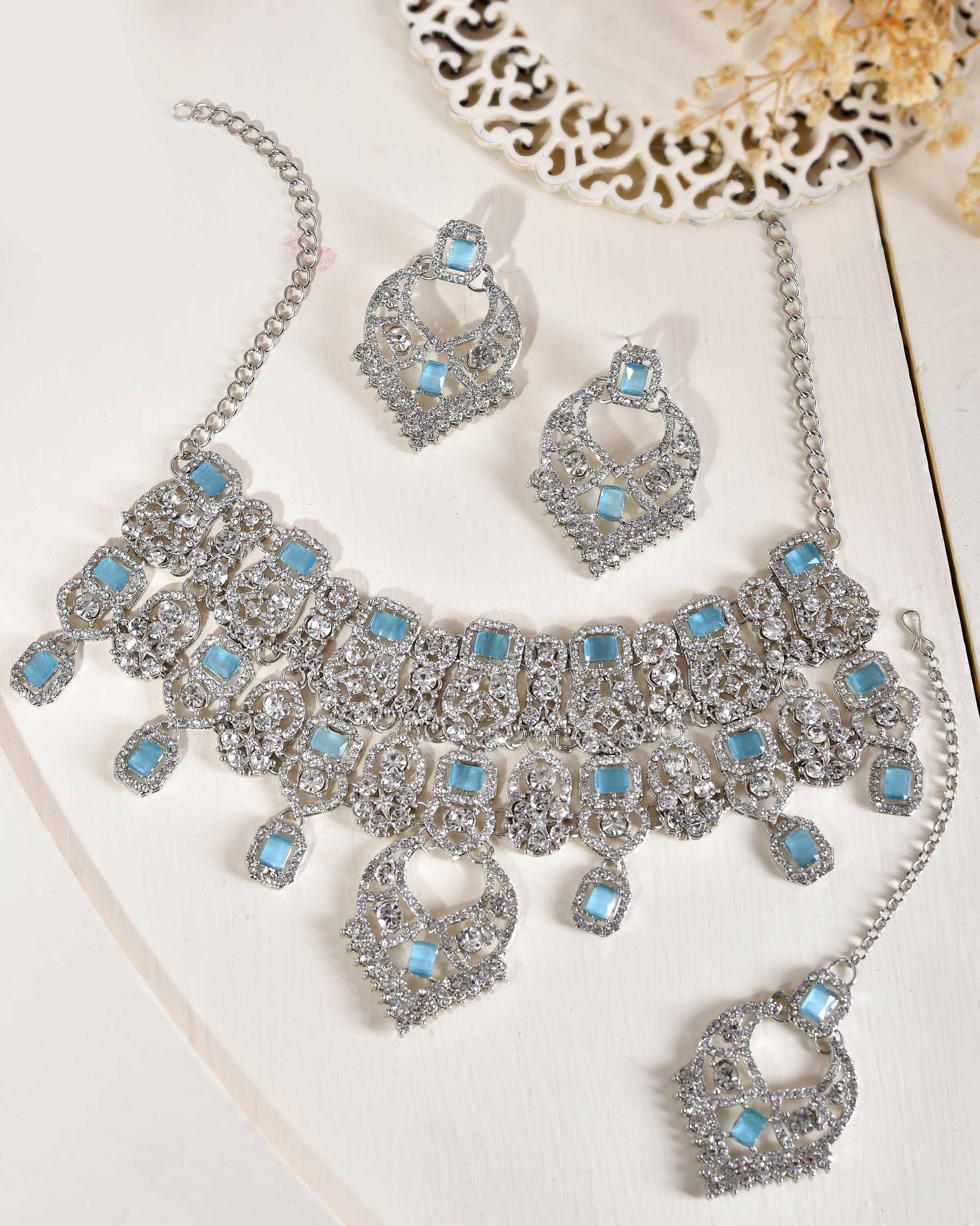 VOJ Silver Plated Designer AD Studded Necklace With Earrings And Mangtikka - Distacart