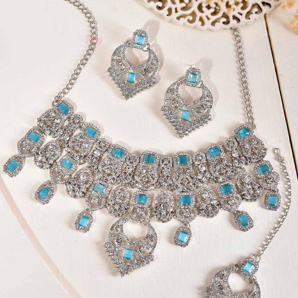VOJ Silver Plated Designer AD Studded Necklace With Earrings And Mangtikka - Distacart