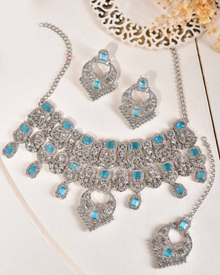 VOJ Silver Plated Designer AD Studded Necklace With Earrings And Mangtikka - Distacart