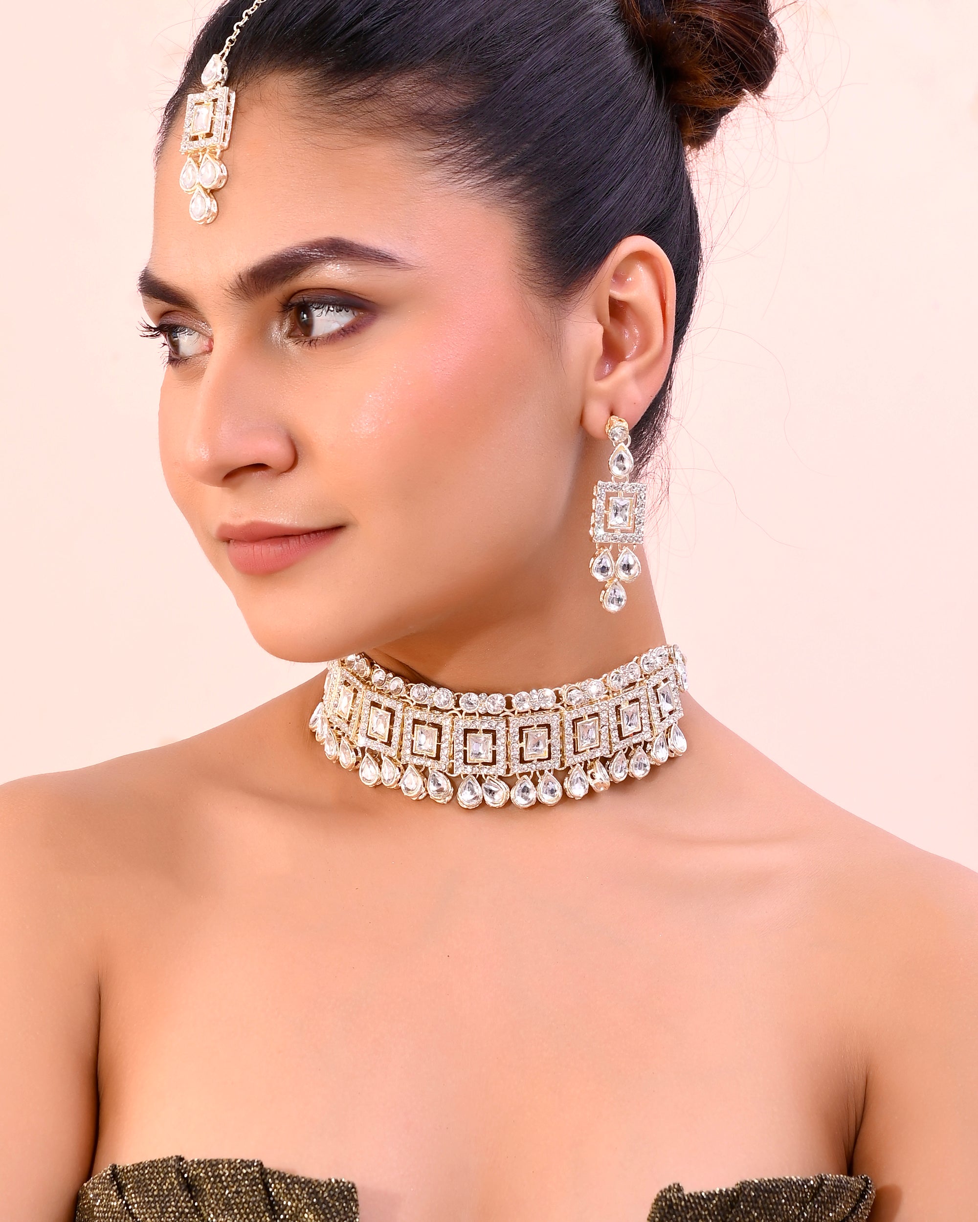 VOJ Silver Plated Stone Studded Designer Necklace With Earrings And Mangtikka - Distacart