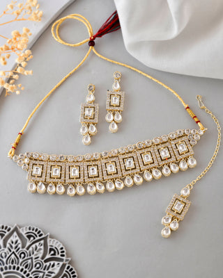 VOJ Silver Plated Stone Studded Designer Necklace With Earrings And Mangtikka - Distacart