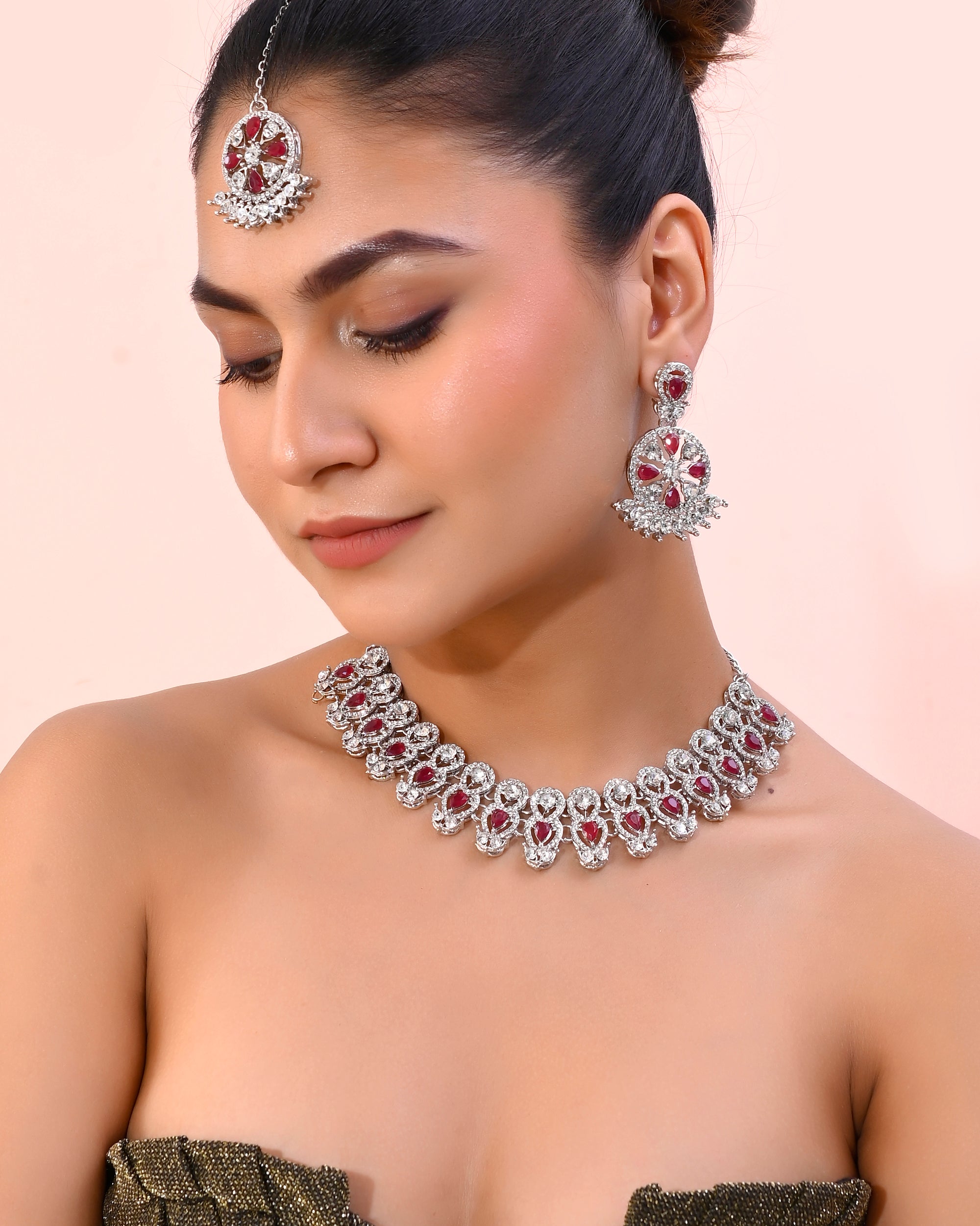 VOJ Silver Plated Pink AD Stone Studded Designer Jewellery Set With Mangtikka - Distacart