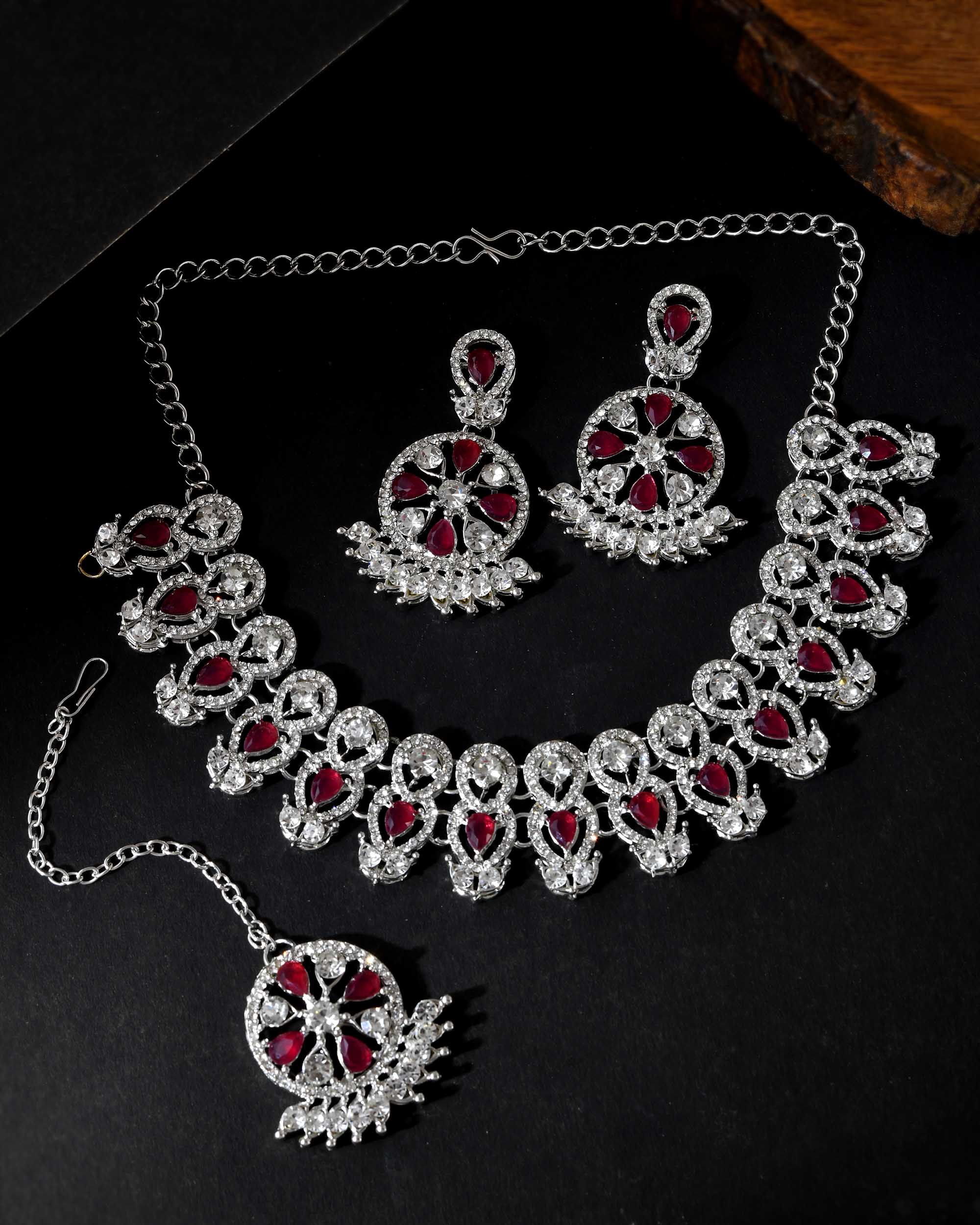 VOJ Silver Plated Pink AD Stone Studded Designer Jewellery Set With Mangtikka - Distacart