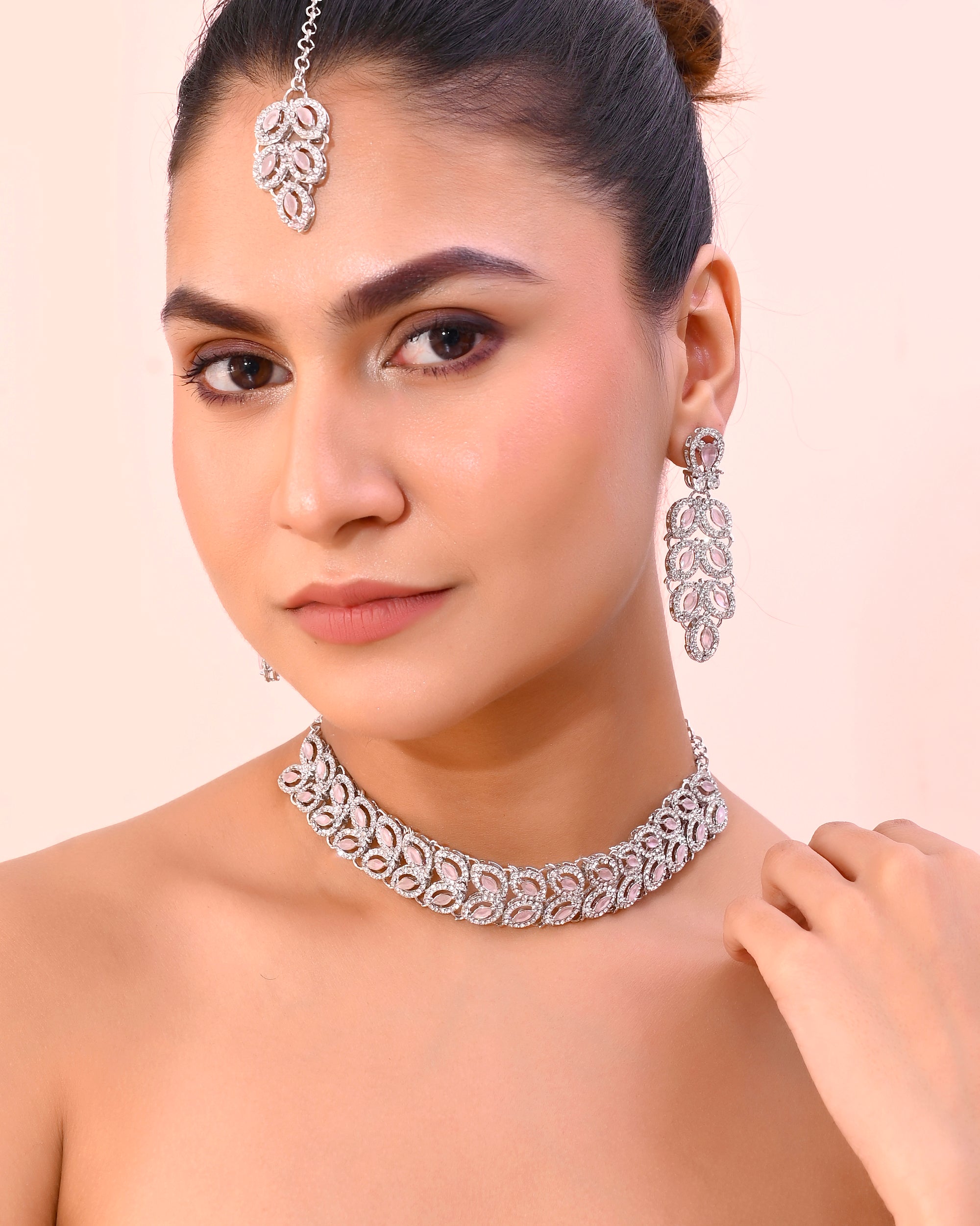 VOJ Silver Plated Baby Pink AD Stone Studded Designer Jewellery Set With Mangtikka - Distacart
