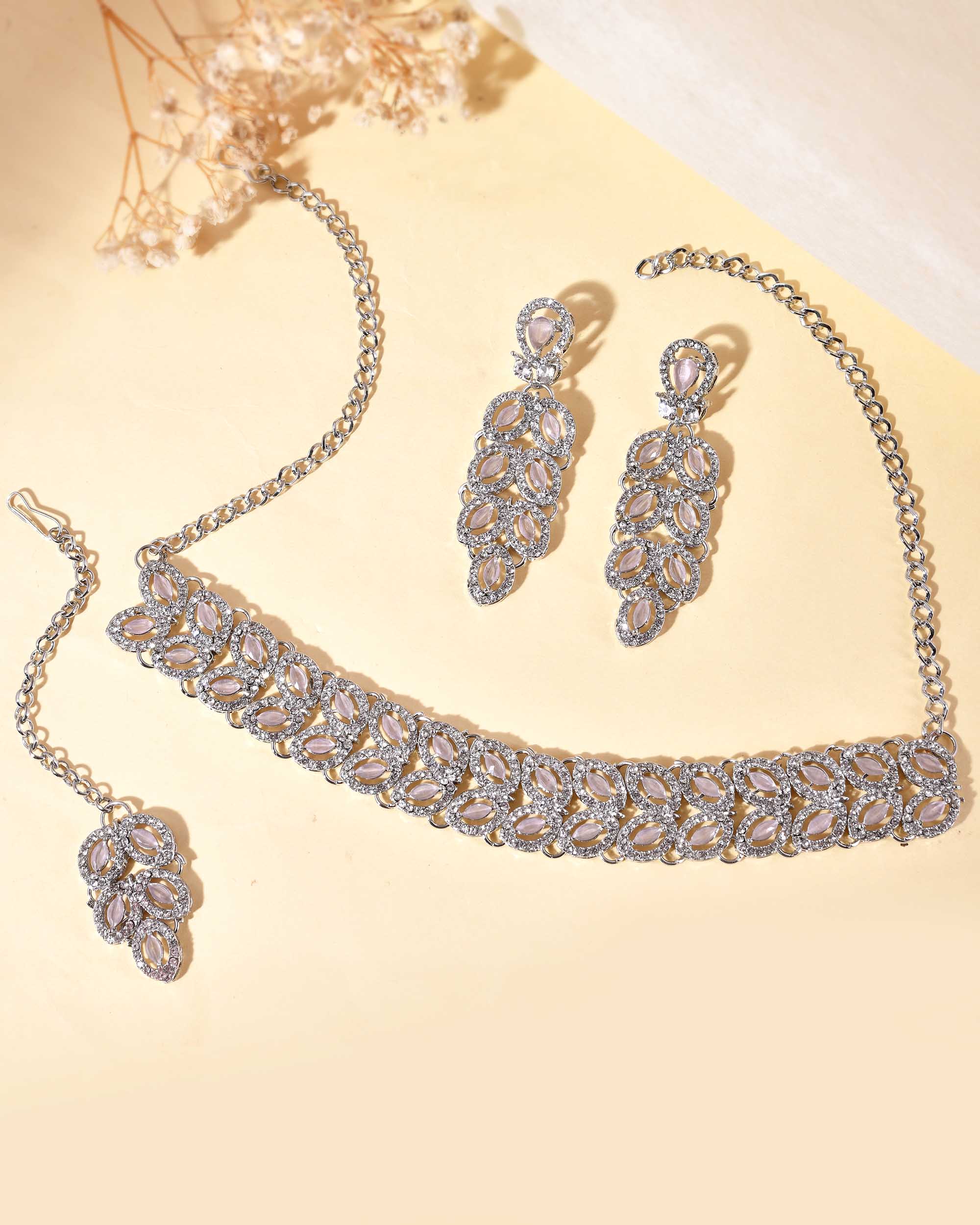 VOJ Silver Plated Baby Pink AD Stone Studded Designer Jewellery Set With Mangtikka - Distacart