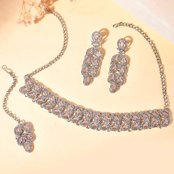 VOJ Silver Plated Baby Pink AD Stone Studded Designer Jewellery Set With Mangtikka - Distacart