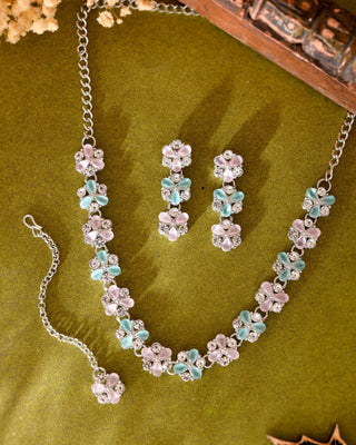 VOJ Silver Plated AD With Nude Green And Light Pink Flower Jewellery Set With Mangtikka - Distacart