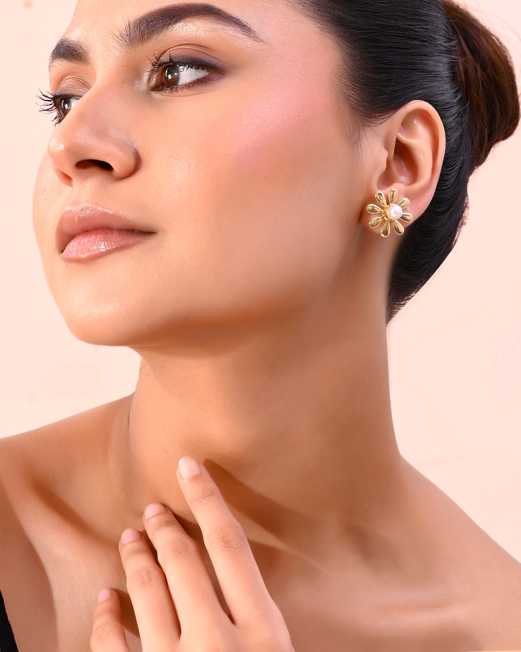 VOJ Gold-Polished Flower Shaped Pearl Stud Earrings - Distacart