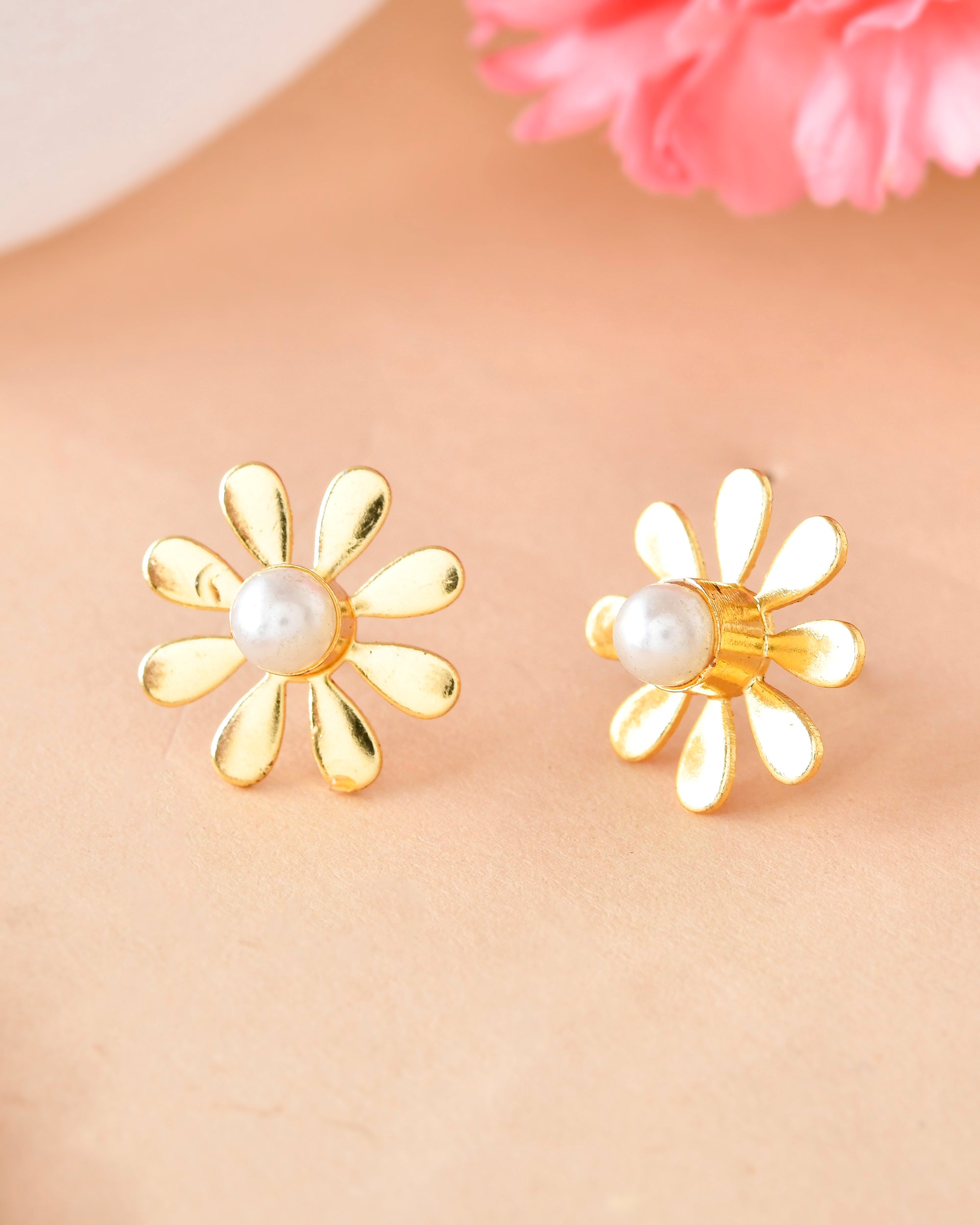 VOJ Gold-Polished Flower Shaped Pearl Stud Earrings - Distacart