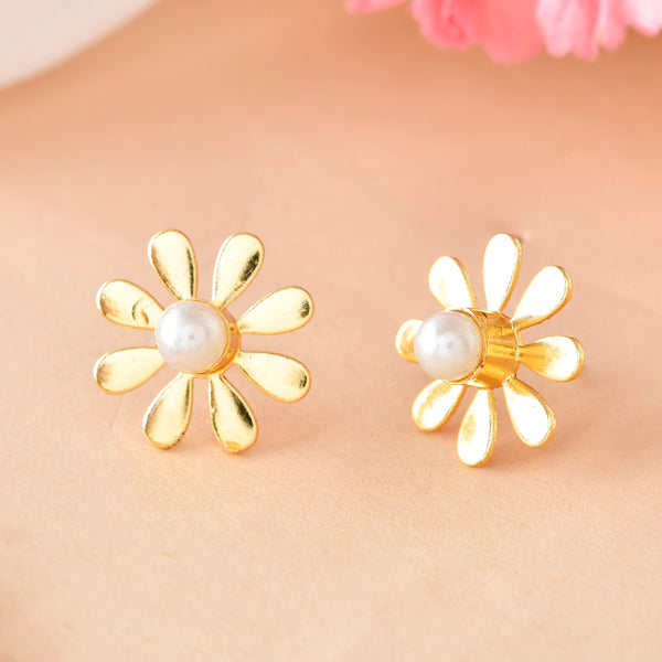 VOJ Gold-Polished Flower Shaped Pearl Stud Earrings - Distacart