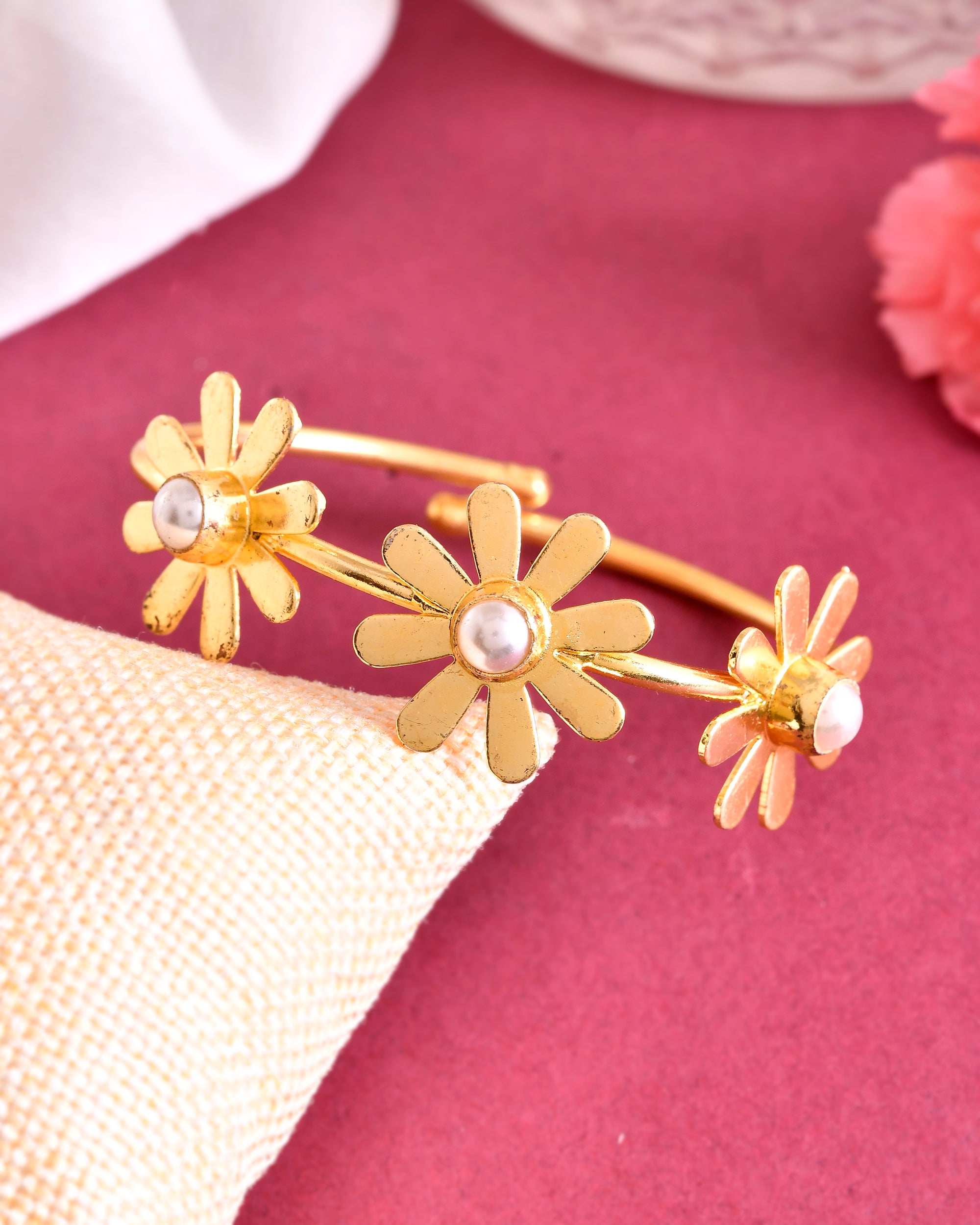 VOJ Gold-Polished with 3 Flower and Pearl Kada Bracelet - Distacart