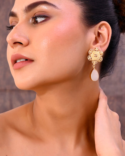 VOJ Gold-Polished Flower Shaped Stone Studded Drop Earrings - Distacart