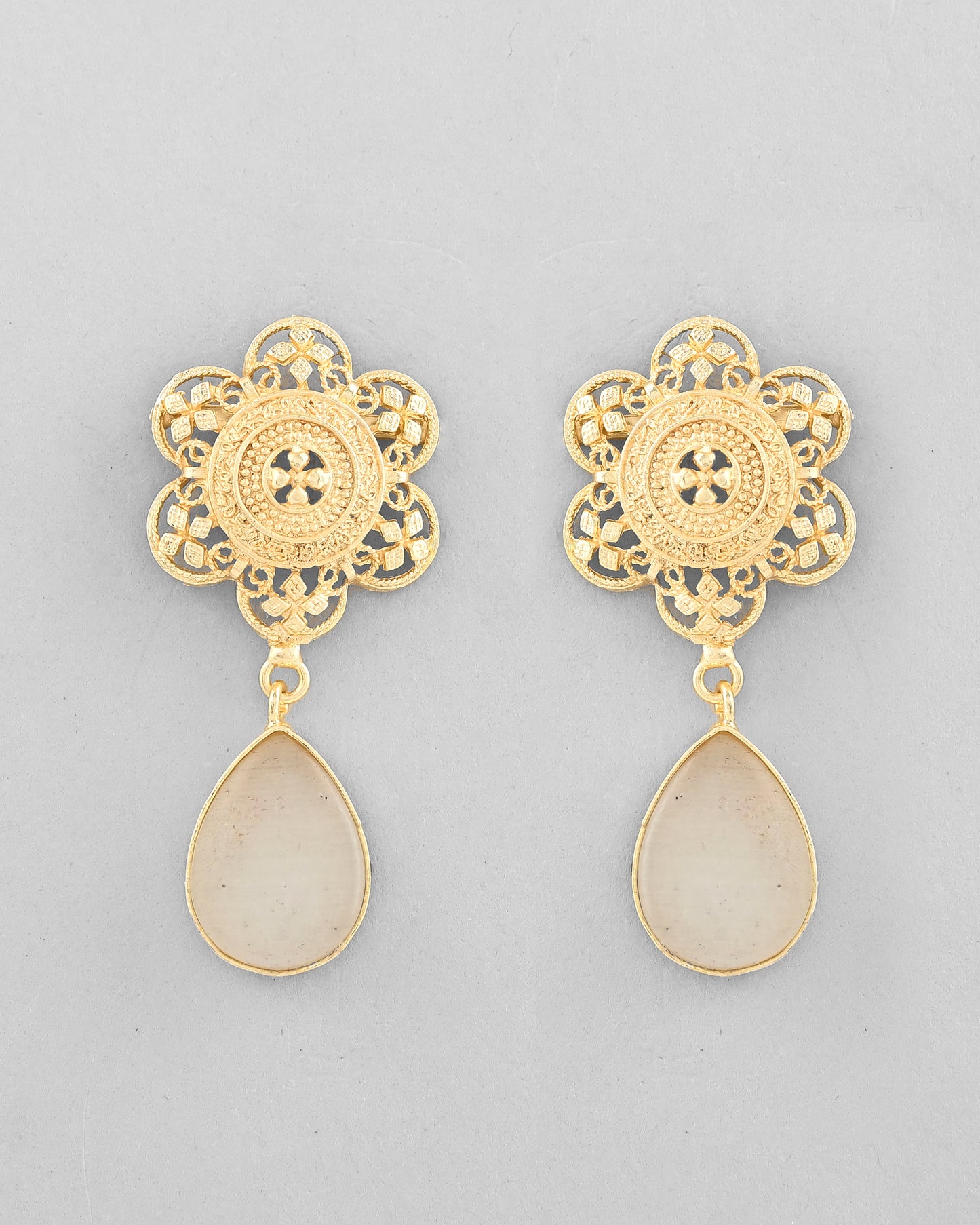 VOJ Gold-Polished Flower Shaped Stone Studded Drop Earrings - Distacart