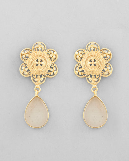 VOJ Gold-Polished Flower Shaped Stone Studded Drop Earrings - Distacart