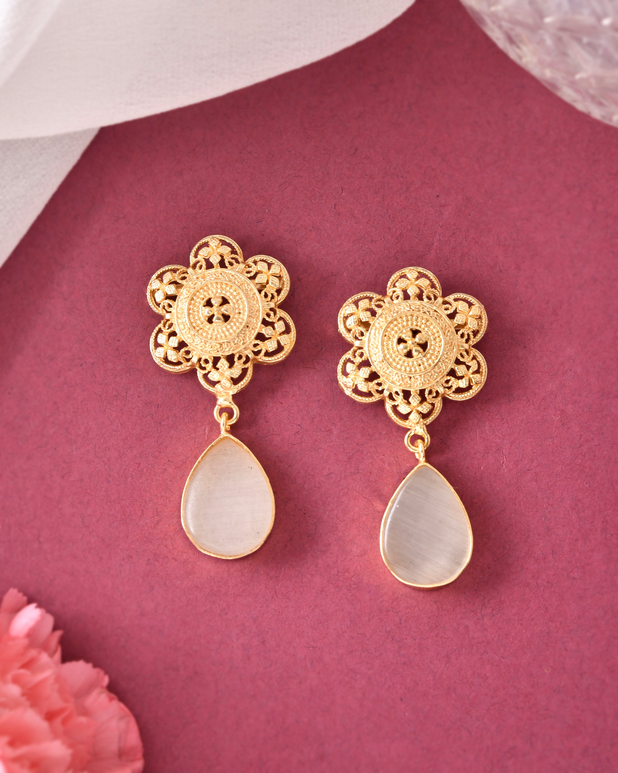 VOJ Gold-Polished Flower Shaped Stone Studded Drop Earrings - Distacart