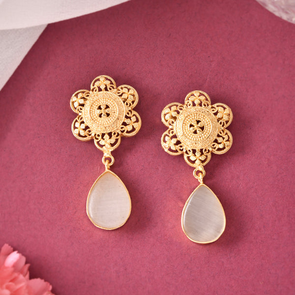 VOJ Gold-Polished Flower Shaped Stone Studded Drop Earrings - Distacart