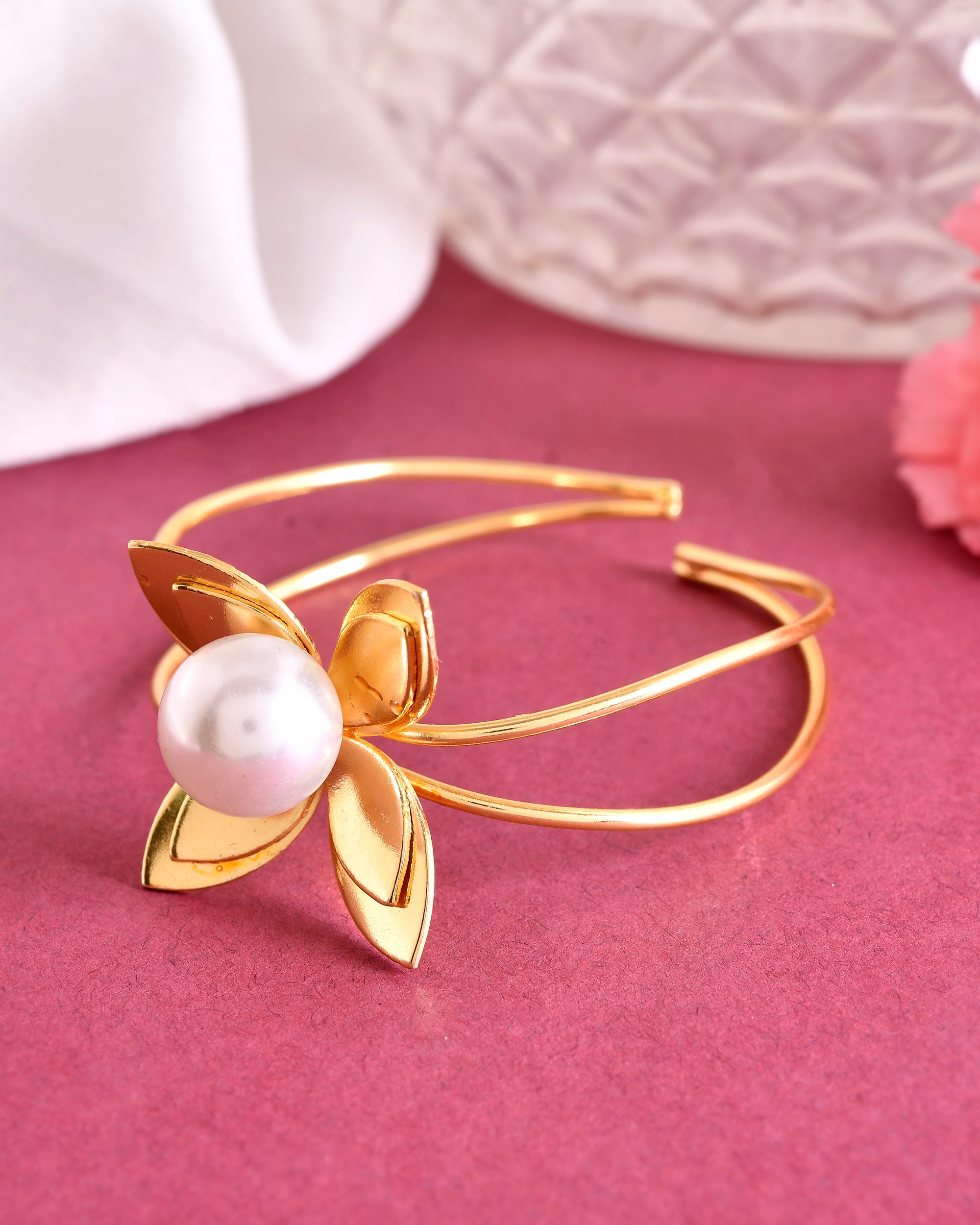 VOJ Gold-Polished Flower Shaped With Pearl In Center Kada Bracelet - Distacart