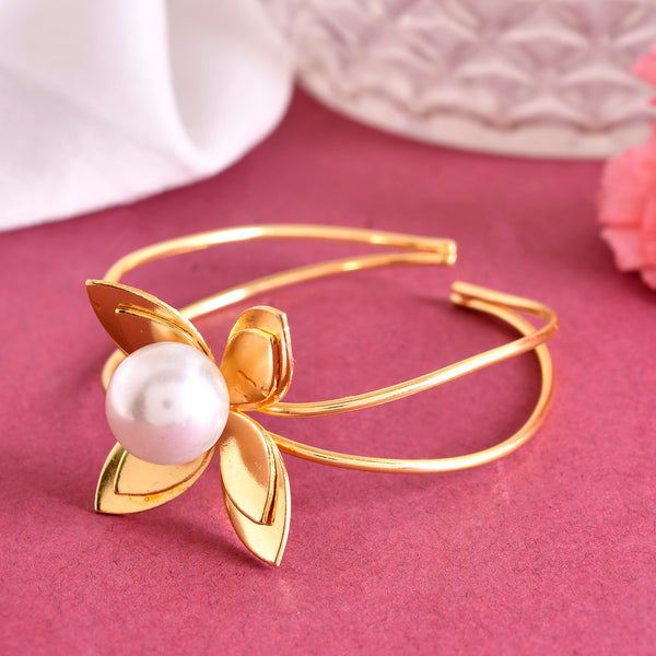 VOJ Gold-Polished Flower Shaped With Pearl In Center Kada Bracelet - Distacart