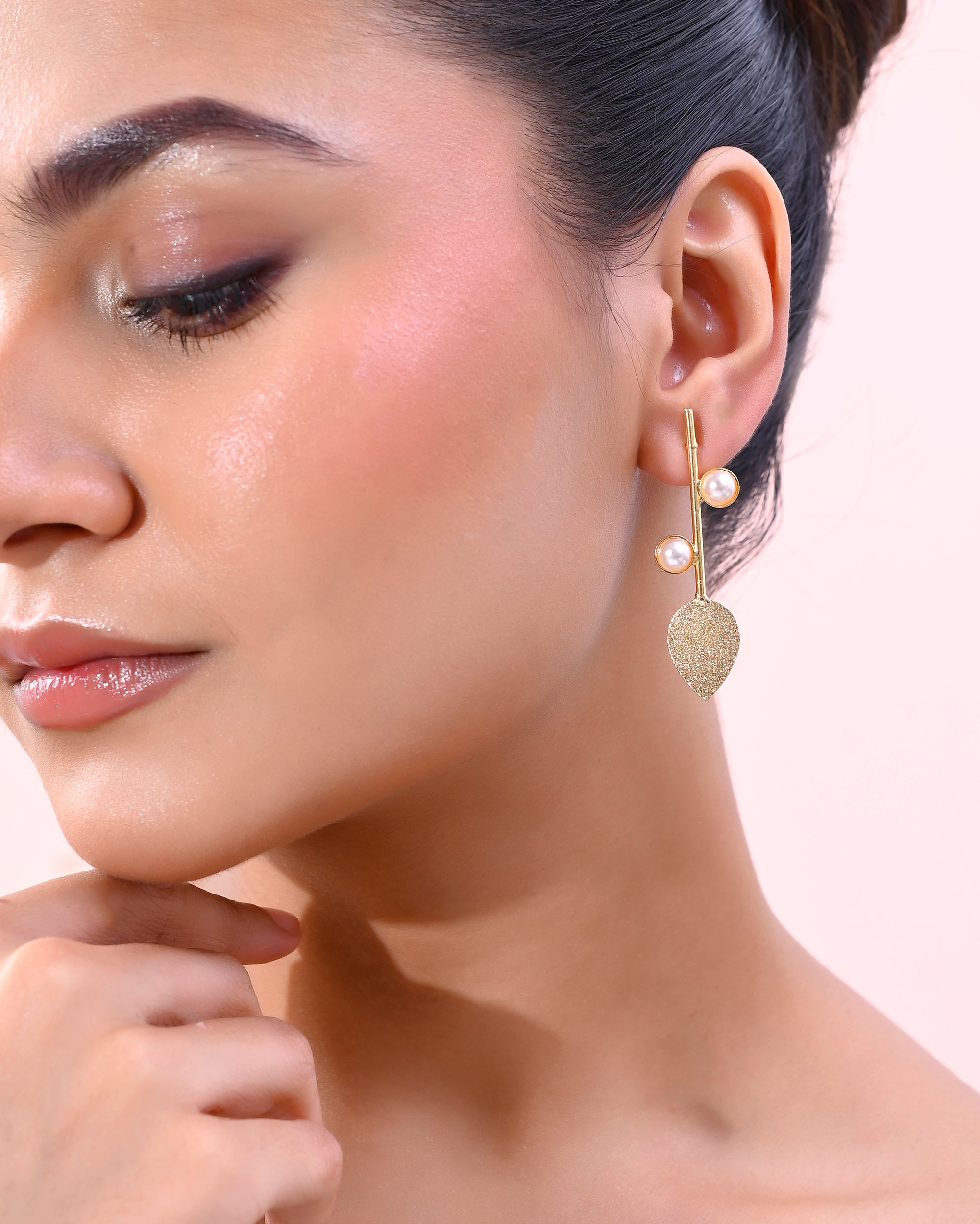 VOJ Gold-Polished Leaf Shaped with Pearl Studded Earrings - Distacart