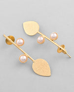 Thumbnail for VOJ Gold-Polished Leaf Shaped with Pearl Studded Earrings - Distacart